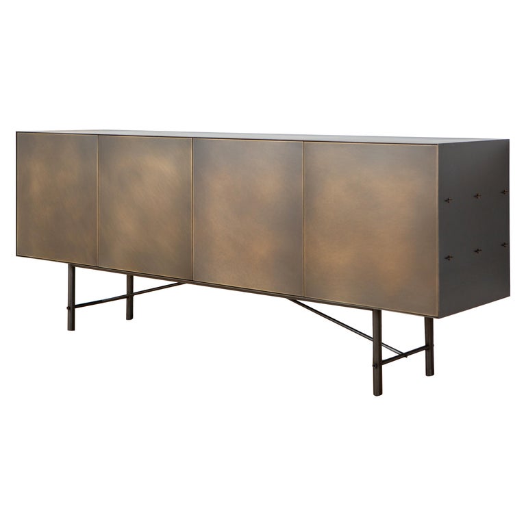 Connect Credenza Cabinet or Sideboard Customizable in Steel and Aged Brass For Sale