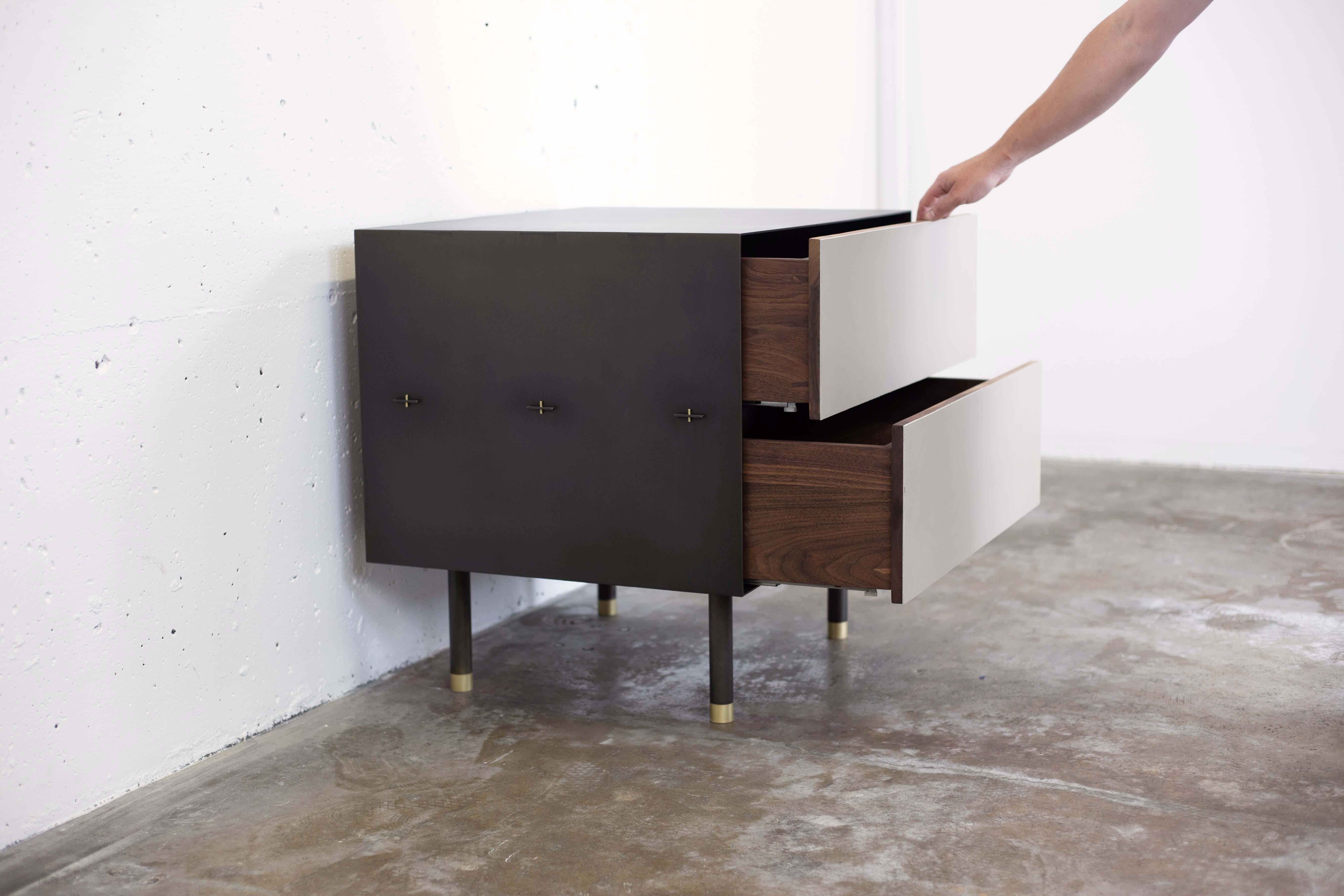 Connect Nightstand or Bed Table Customizable in Steel, Walnut and Leather In New Condition For Sale In Vancouver, BC