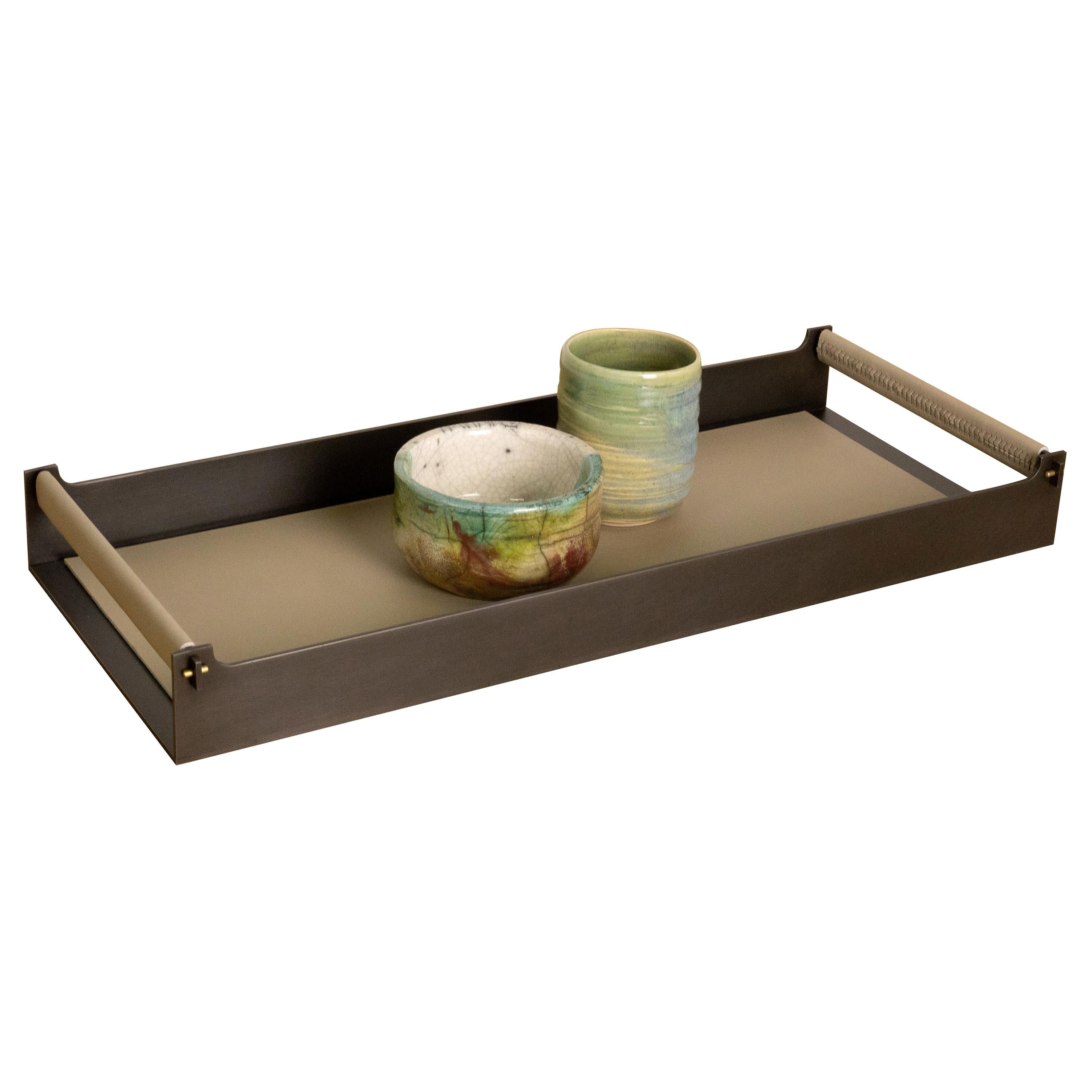 Connect Table Tray or Serving Tray in Steel with Bronze Pins and Leather Handles