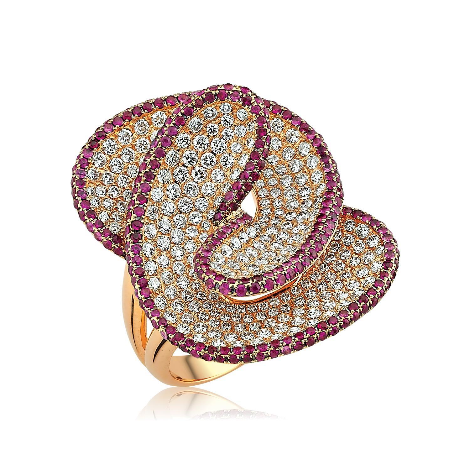 For Sale:  Connected 18k Gold Ring with White Diamonds and Rubies 3