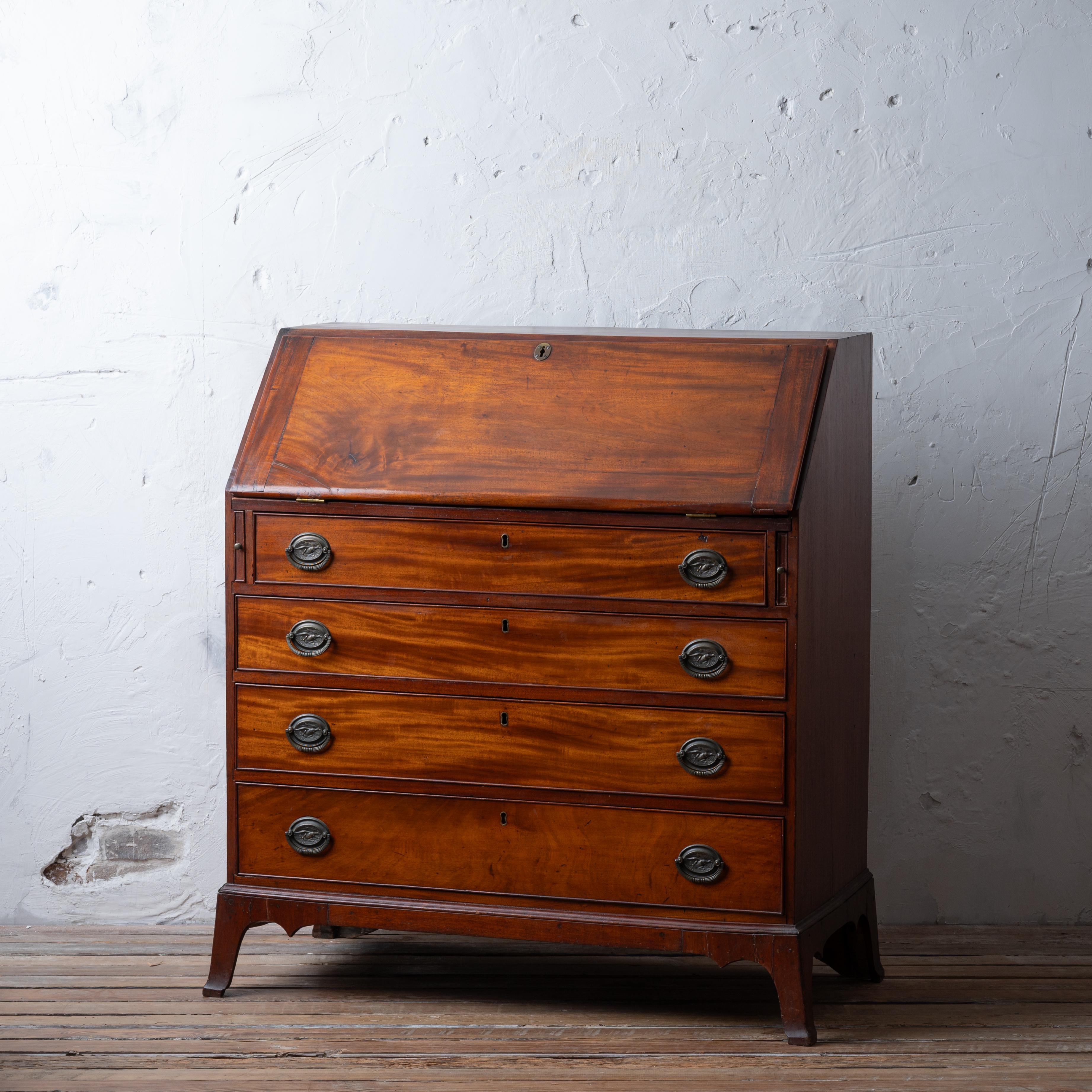 A Connecticut mahogany slant front desk on french feet with original 15 star eagle pulls, circa 1800.
Some provenance and notations with dates on lopers.  Friction fit interior door.

43 inches wide by 20 ½ inches deep by 45 ¼ inches tall 

