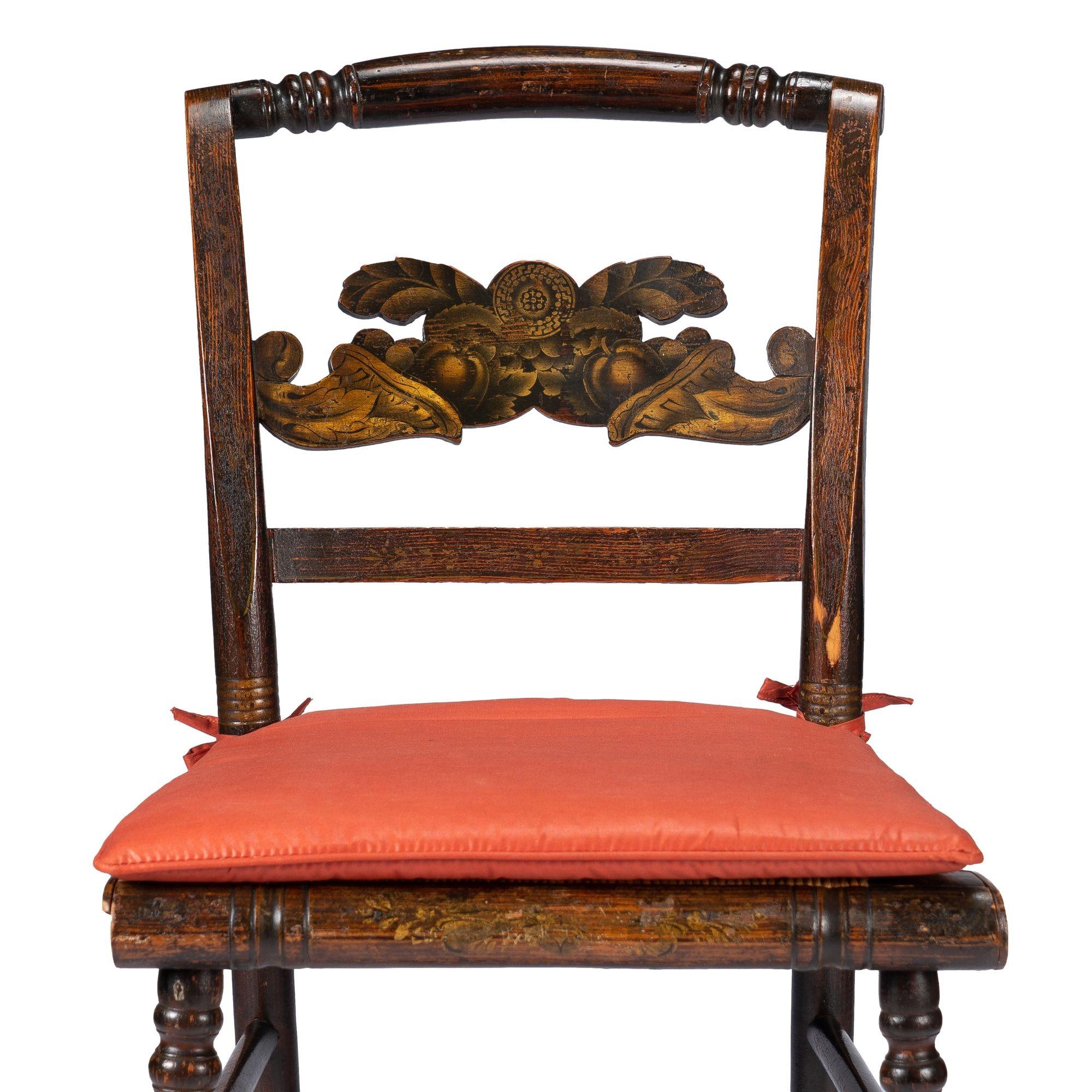 Upholstery Connecticut Valley rush seat painted Hitchcock side chair, 1830 For Sale