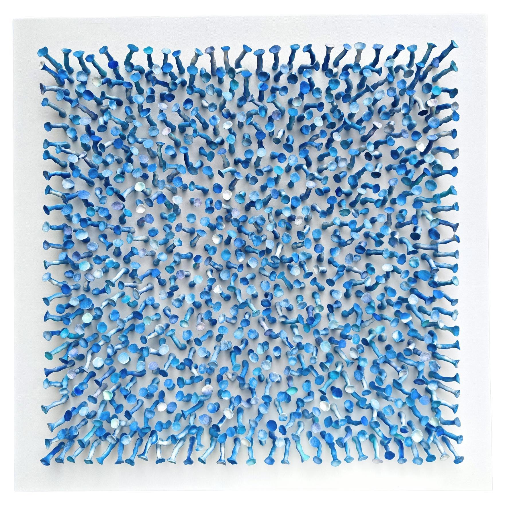 Connection, blue #26. Clay Wall sculpture on canvas.