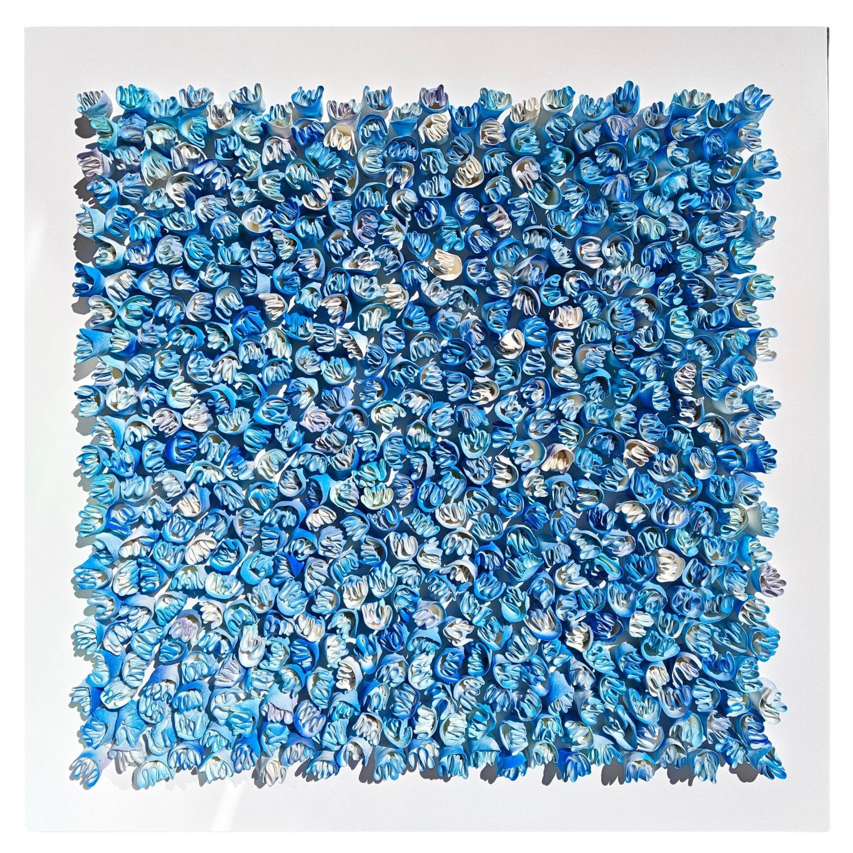 Connection, blue #29. Clay Wall sculpture on canvas.