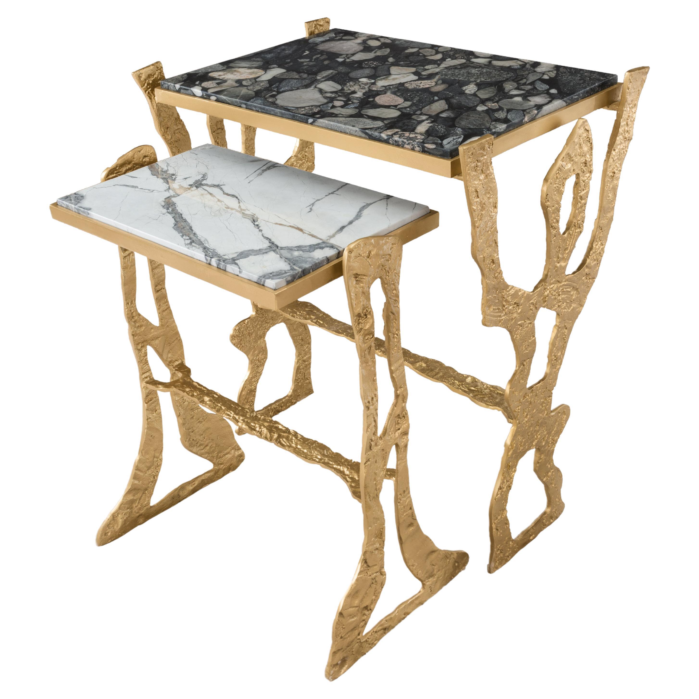 Connection II Brass And Marble Side Table Set For Sale