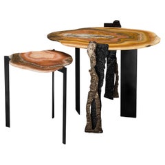 Connection - Ensemble de tables d'appoint en laiton, métal noir et onnyx