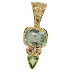 CONNI MAINNE Aquamarine with Peridot & 2 Pink Sapphires Gold Leaf Pendant