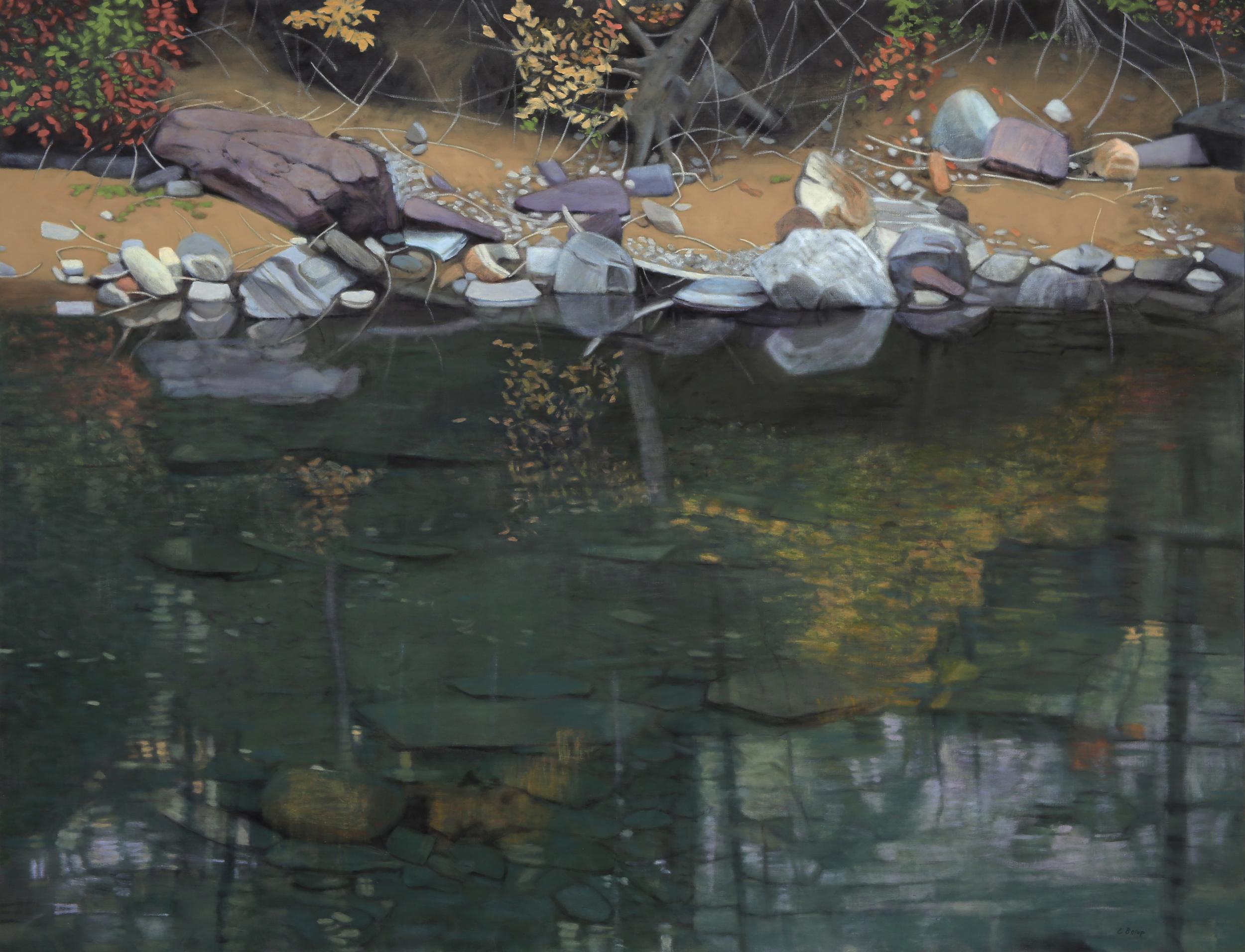 Connie Borup Landscape Painting – Dunkle Reflexionen