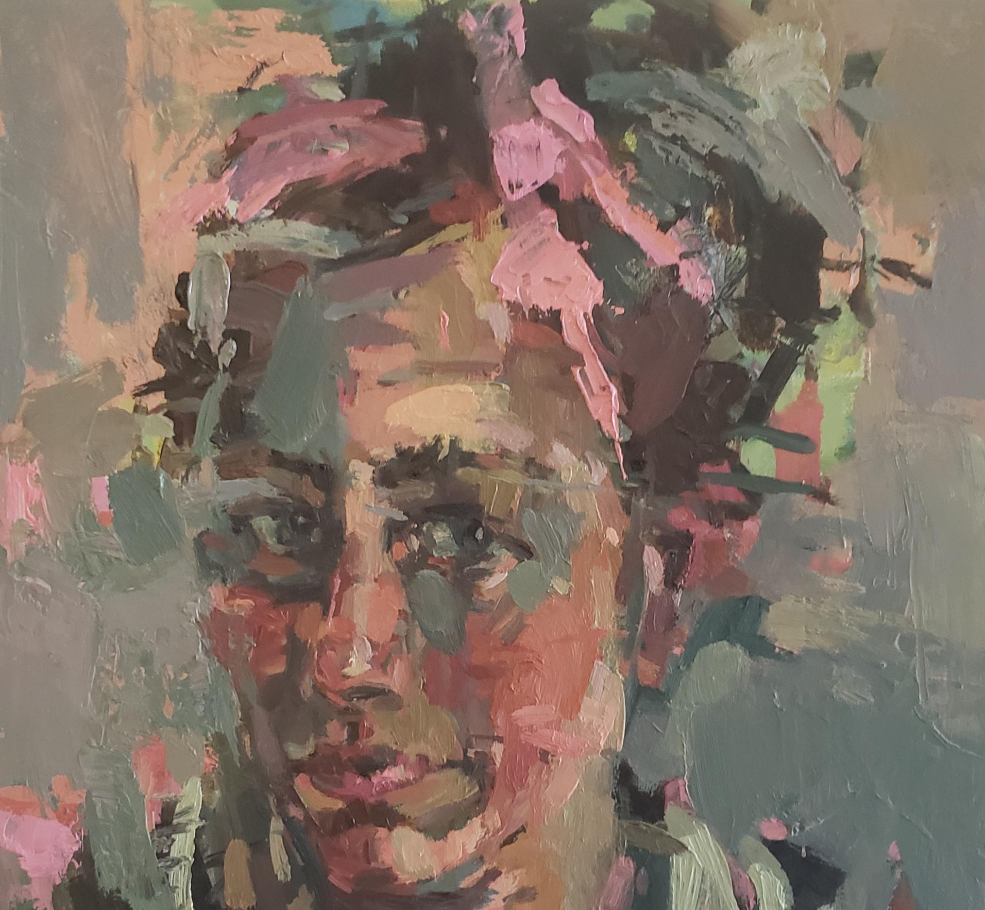 Becca, Porträtkunst, Öl auf Tafelschachtel  14 x 11, figürliche Kunst, Ausstellung 2021 (Grau), Figurative Painting, von Connie Connally