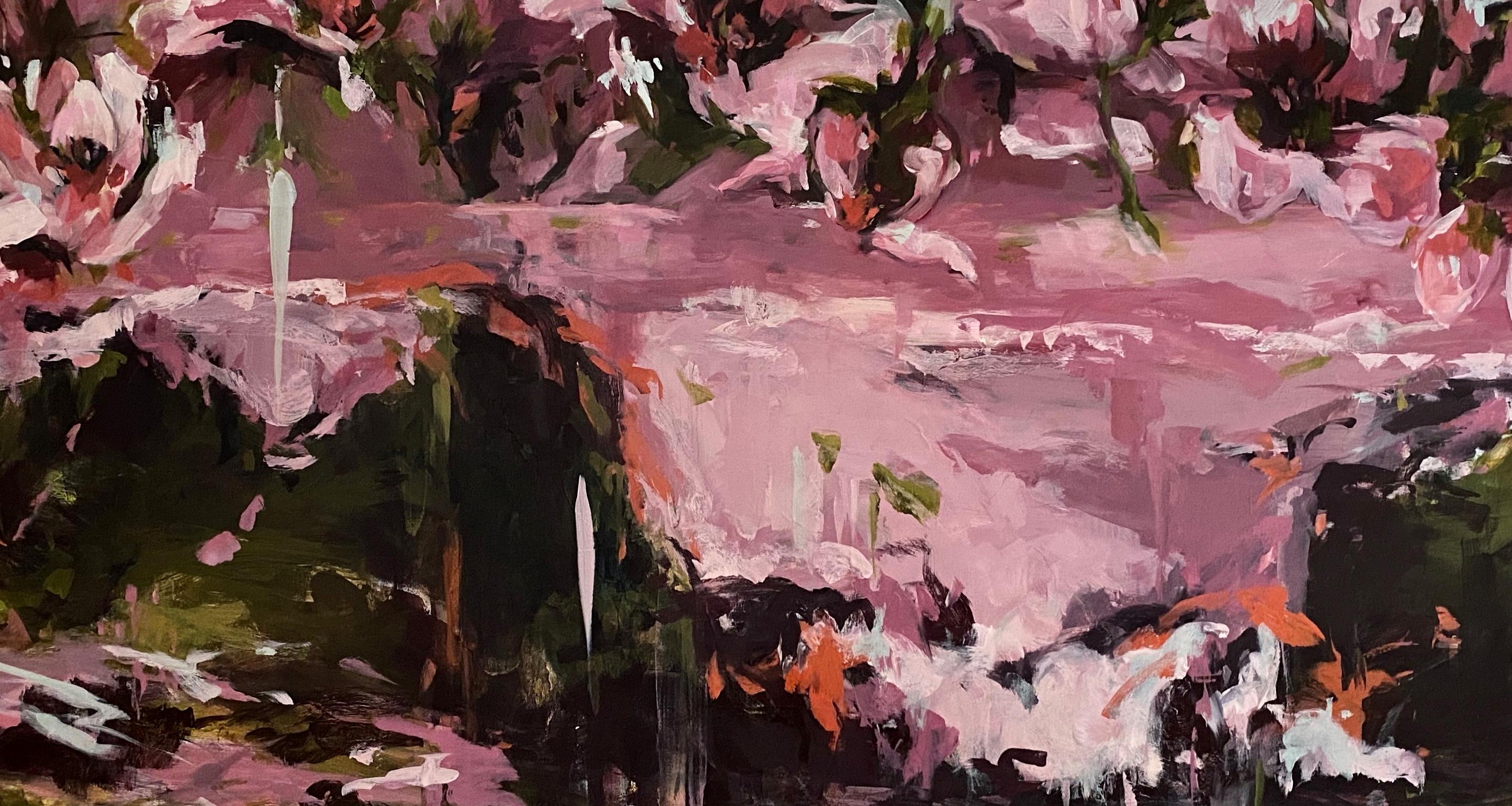 Eventide 35 x 65 in  Dynamic abstraction Tides Sunset Botanical Shapes Sunset - Painting by Connie Connally