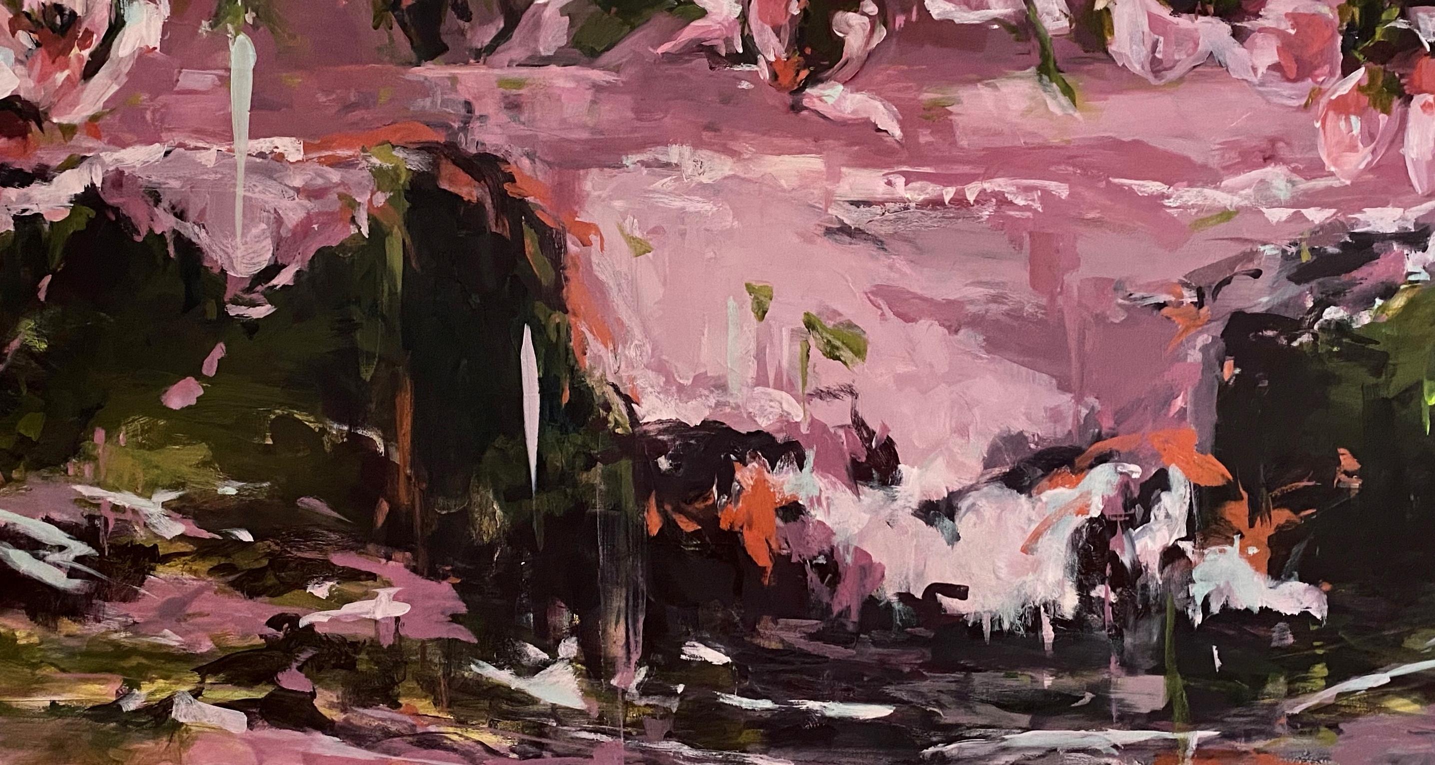 Eventide 35 x 65 in  Dynamic abstraction Tides Sunset Botanical Shapes Sunset - Abstract Painting by Connie Connally
