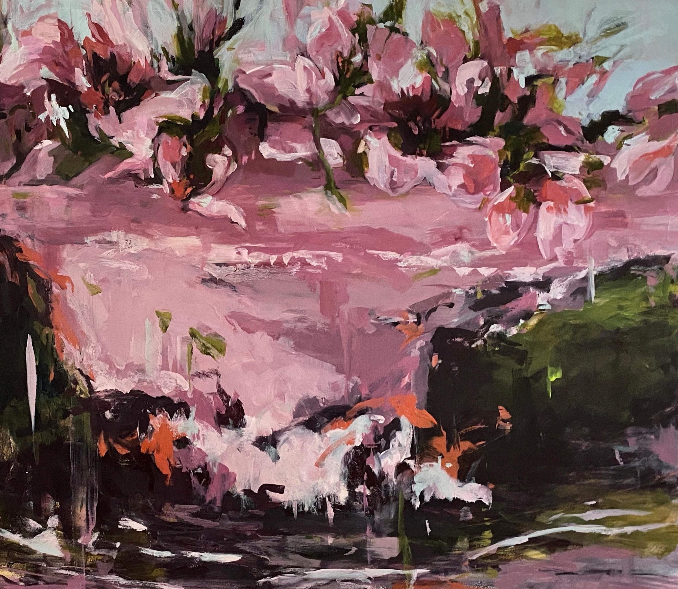 Eventide 35 x 65 in  Dynamic abstraction Tides Sunset Botanical Shapes Sunset - Brown Landscape Painting by Connie Connally