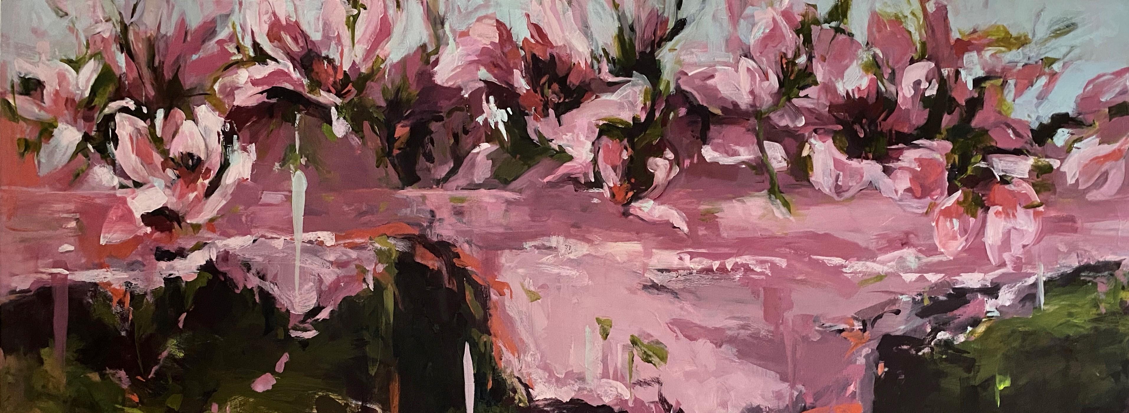  Eventide 35” x 65” oil on canvas $13,500.00
“Eventide” is a dynamic abstraction depicting the coastal tides at that magical time of day when sunset turn the waters and the botanical shapes playing on the shorelines turn hues of mauves and pinks.
