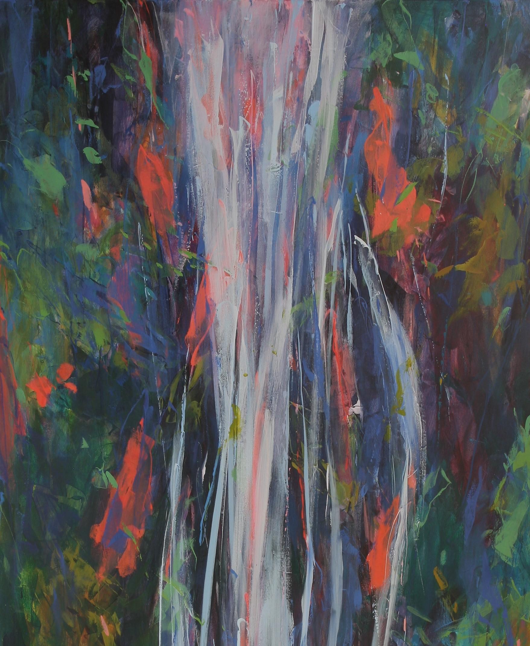 Falling Meadows 72 x 34 in Waterfall Landscape Nature Oil on canvas Framed - Painting by Connie Connally
