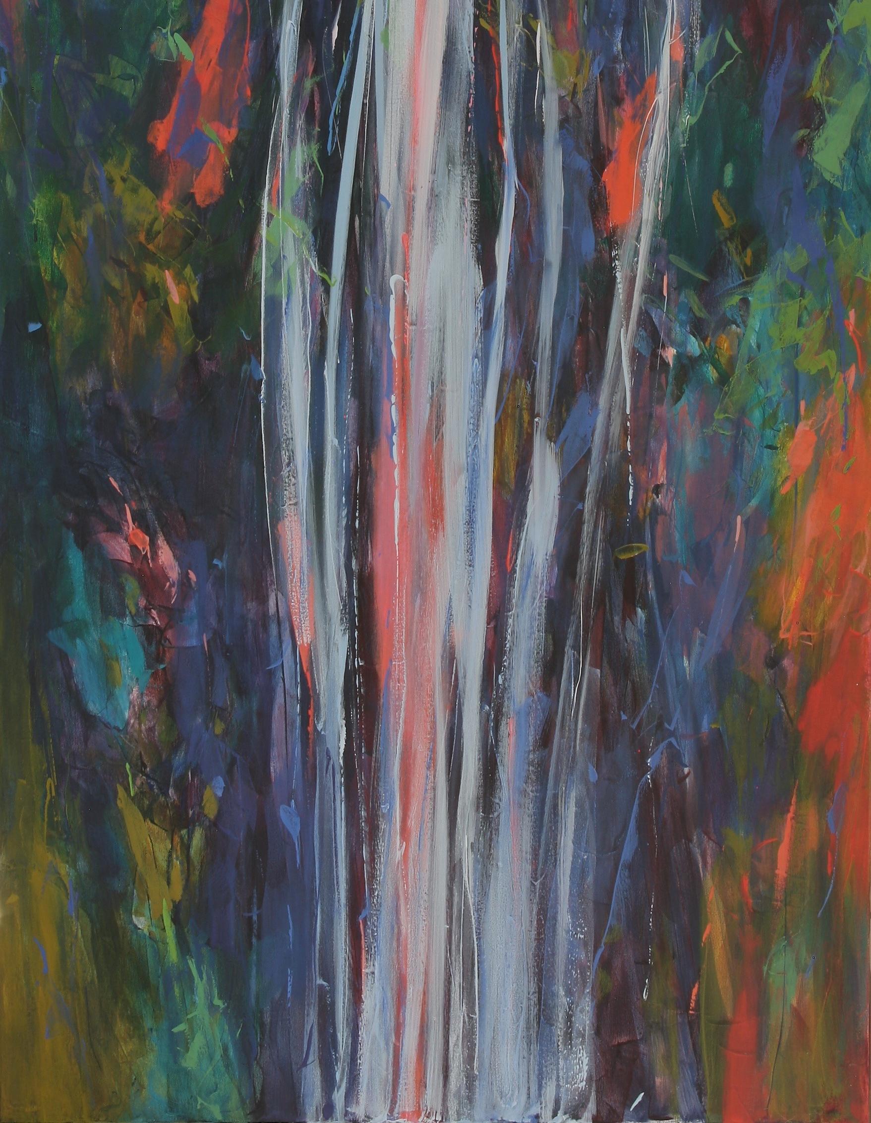 Falling Meadows 72 x 34 in Waterfall Landscape Nature Oil on canvas Framed - Black Landscape Painting by Connie Connally