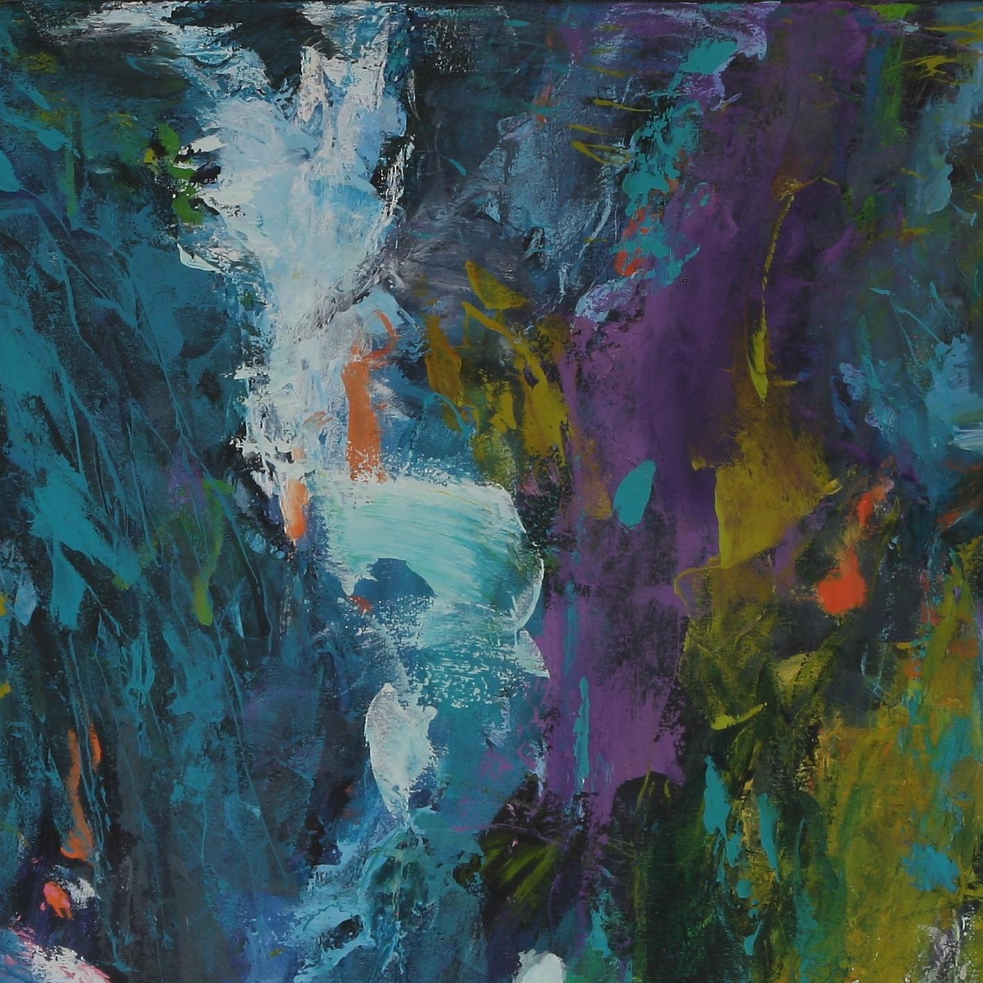  Sky a Muse for the Sea I employs exuberant impassioned colors laid on a canvas in an Abstract style.

The artist finds inspiration in her abstract paintings in the coastlines of California where she lives.
Rich multi-layered surfaces morph and