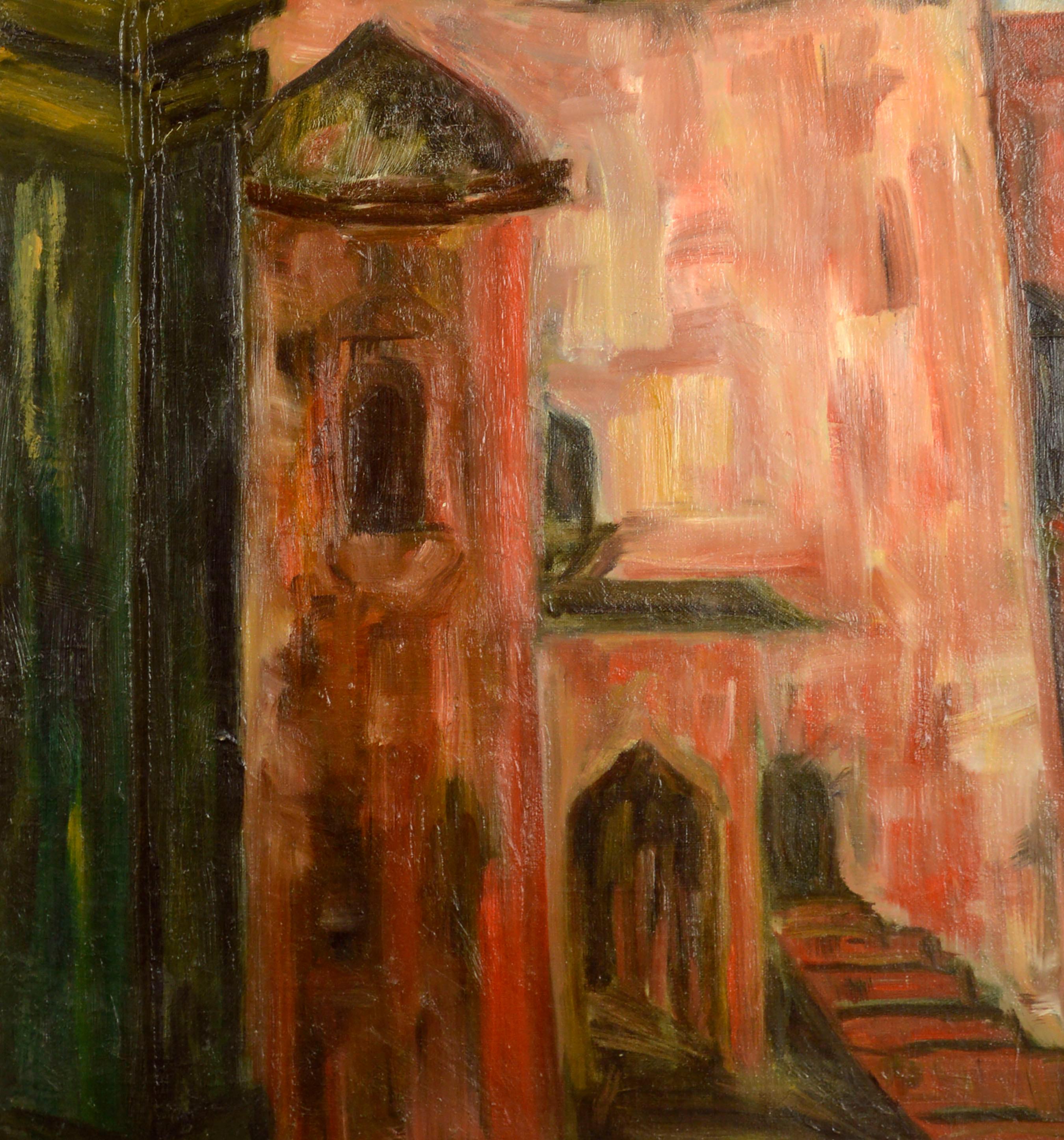 Mezquita modernista, paisaje arquitectónico abstracto vintage de los años 70 - Painting moderno estadounidense de Connie Cowper