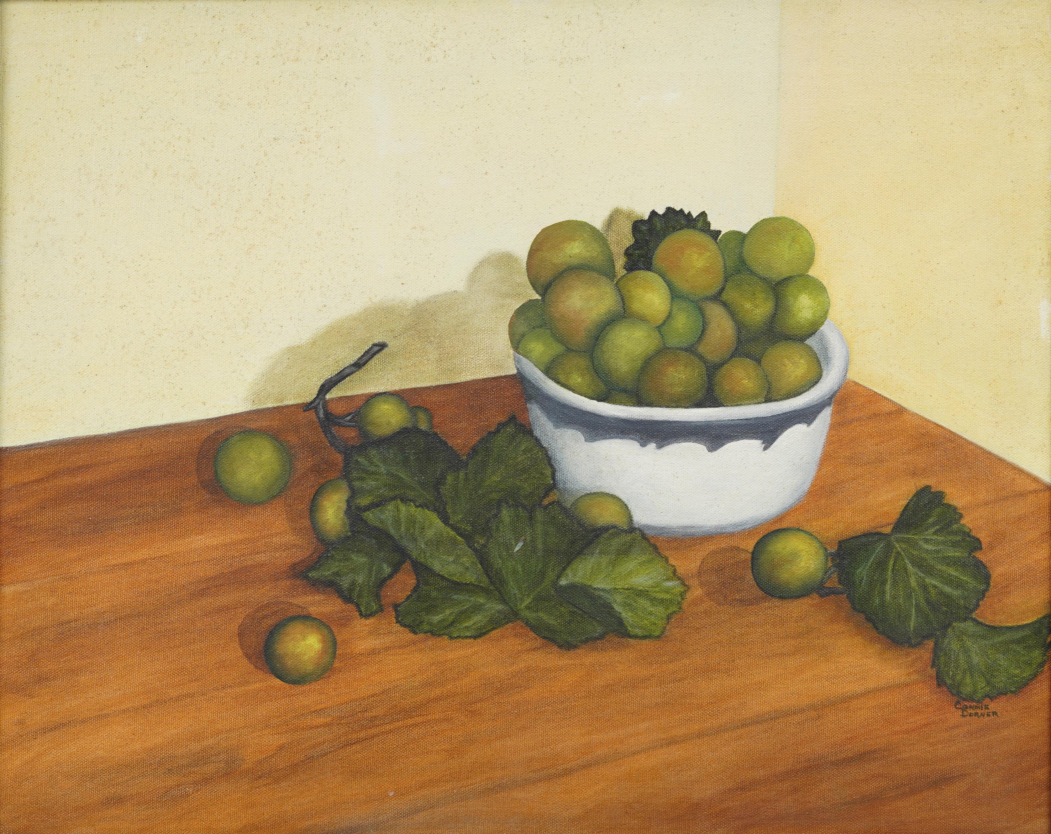 Antica natura morta americana modernista con frutta incorniciata Vista interna  Pittura a olio - Painting Moderno di Connie Dorner