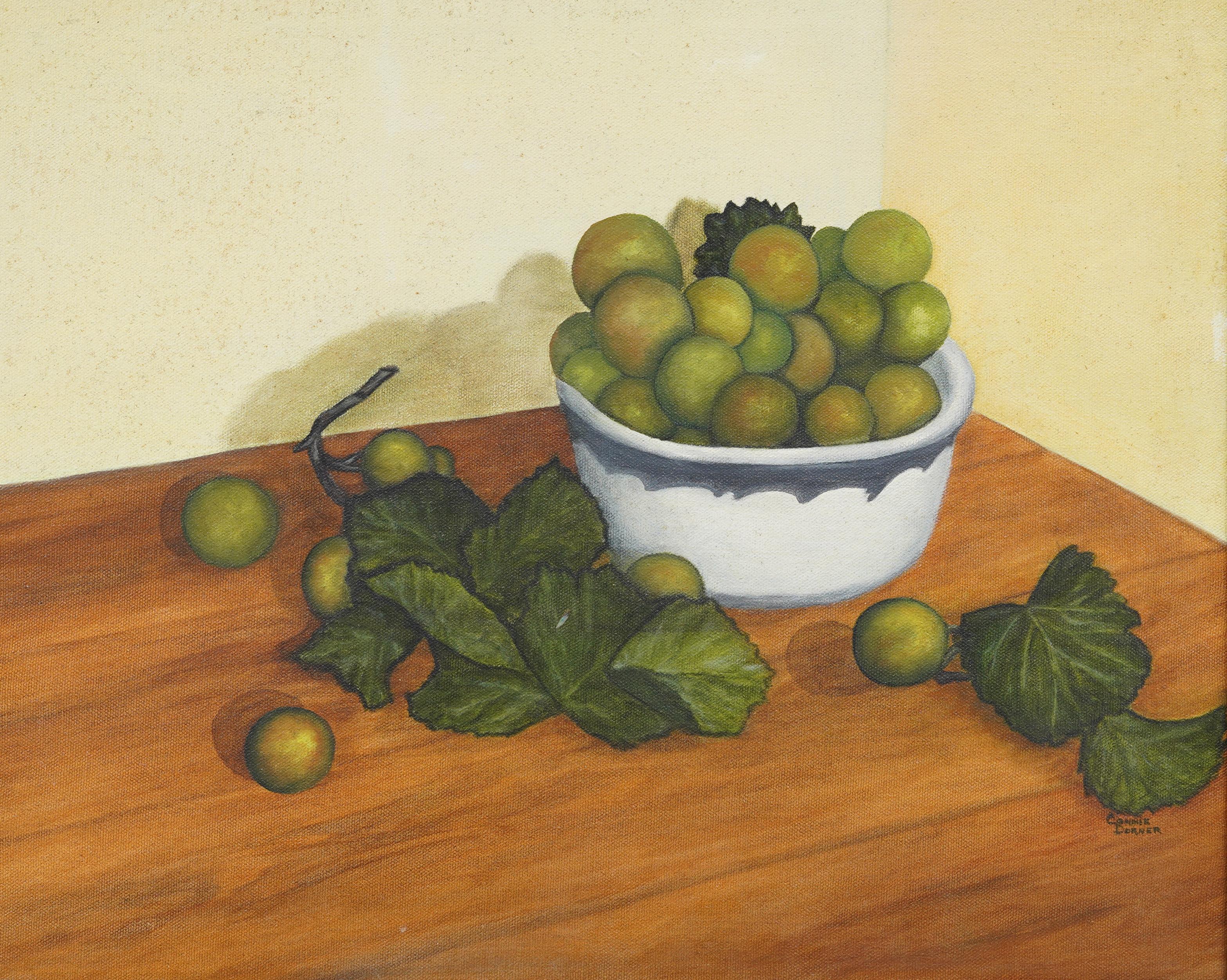 Antica natura morta americana modernista con frutta incorniciata Vista interna  Pittura a olio - Interior Painting Marrone di Connie Dorner