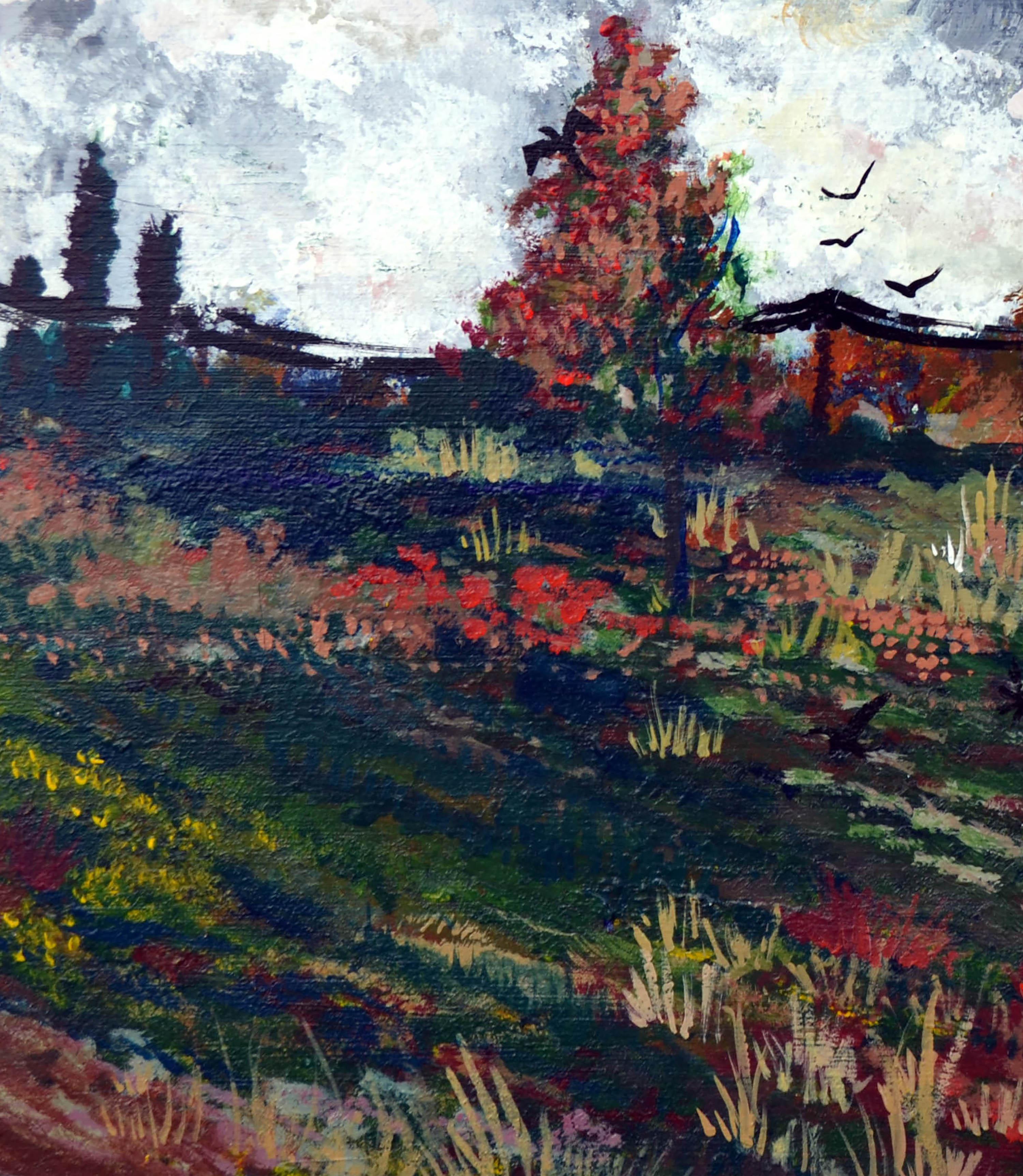 Paisaje de época -- Campo de flores silvestres en flor

Precioso paisaje vintage en azul oscuro, amarillo y rojo de un campo salpicado de flores silvestres y siluetas de pájaros sobrevolando el horizonte, de Connie Jean Fielding (estadounidense,