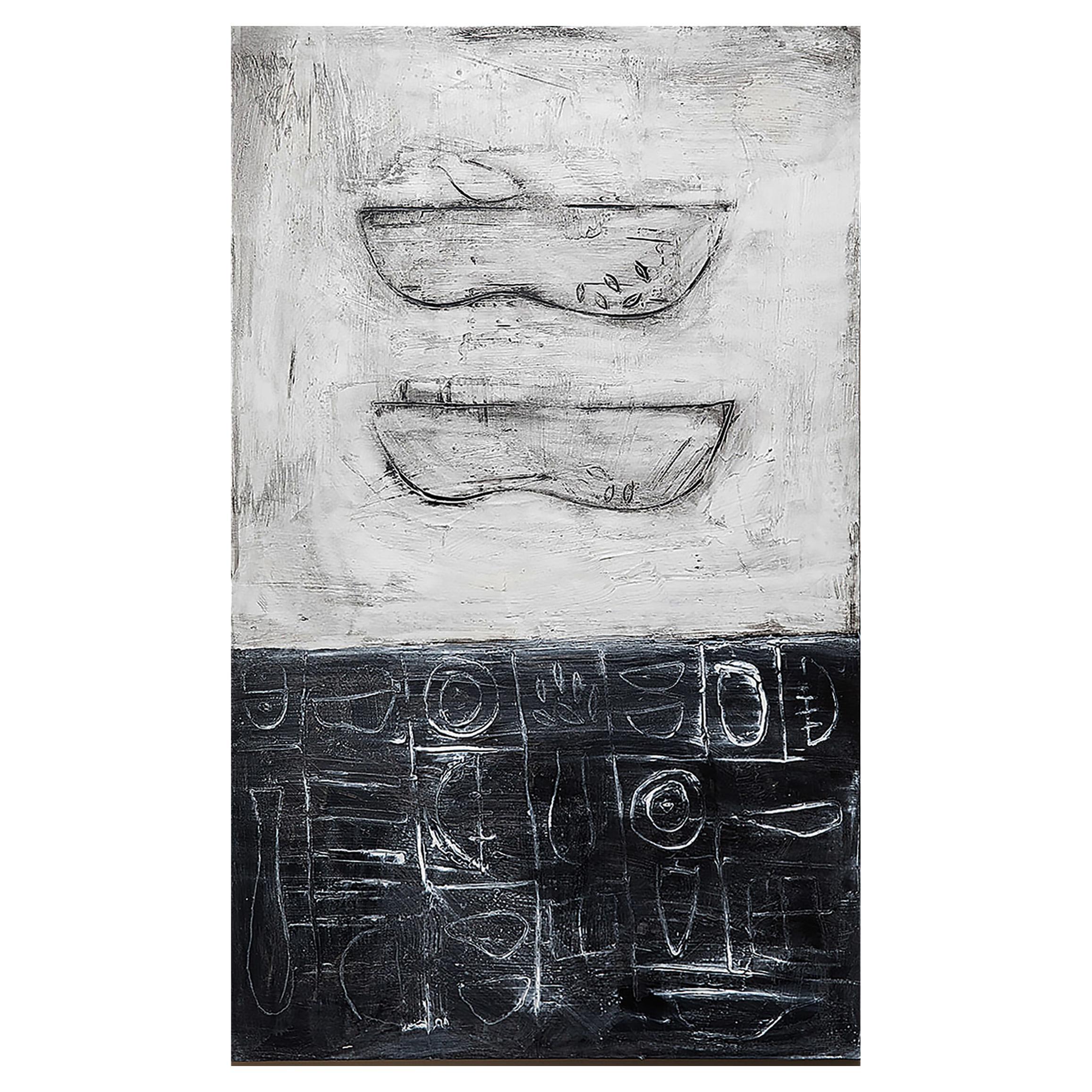 Connie Lloveras Abstract Black White Vessel Painting Over Markings, Image #3