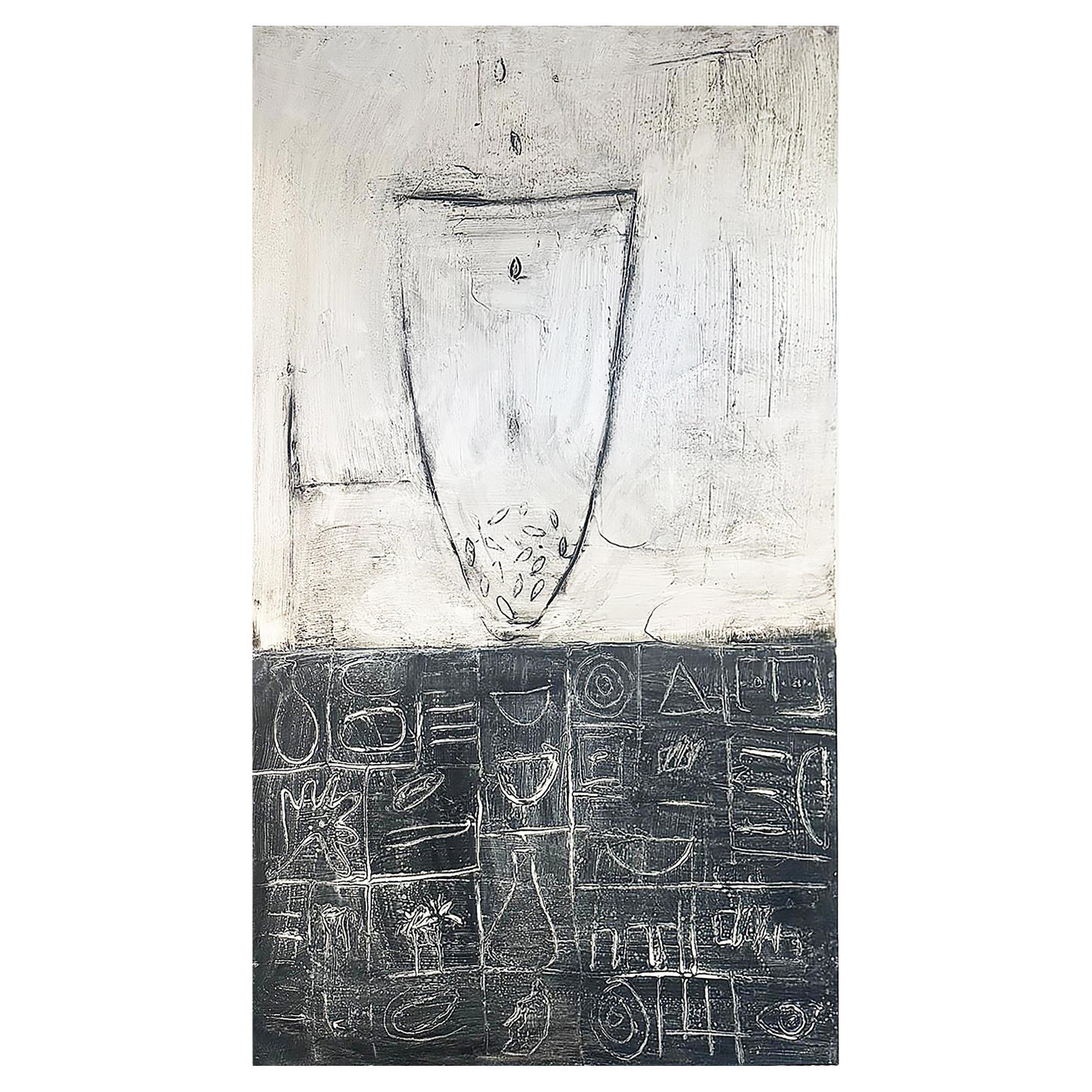 Connie Lloveras Abstract Black White Vessel Painting Over Markings, Image #5 For Sale