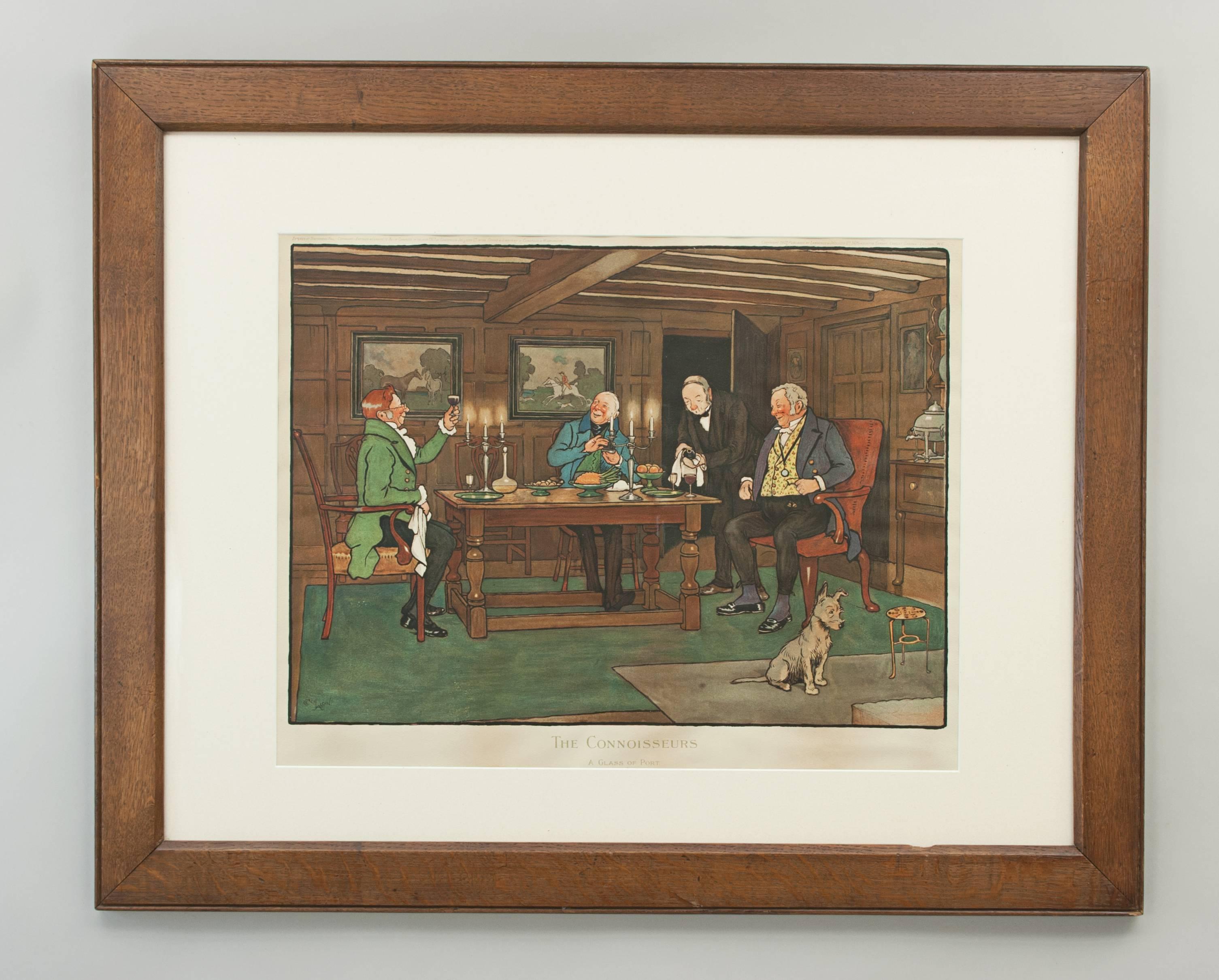 Drinking print by Cecil Aldin.
A framed colourful chromolithographic print after Cecil Aldin entitled: The Connoisseurs, A Glass Of Port. Published by Lawrence and Jellicoe Ltd., 34 Henrietta Street, Covent Garden, London. The print depicts three