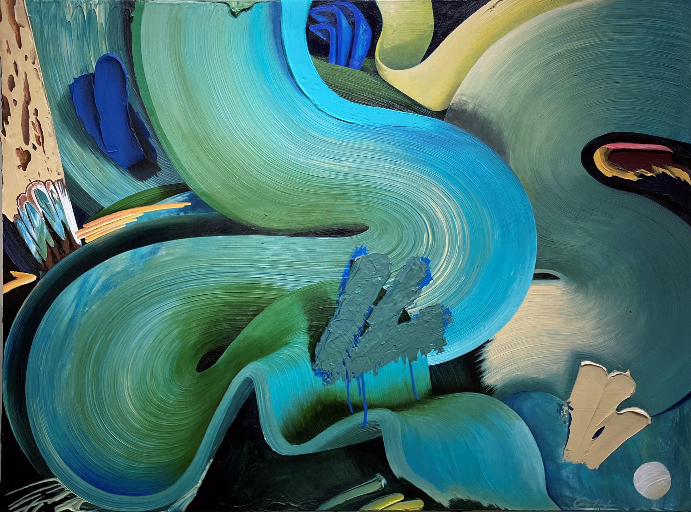 Haven, Abstrakter Expressionismus, Gemälde im Graffiti-Stil in Blau- und Grüntönen – Painting von Connor Hughes