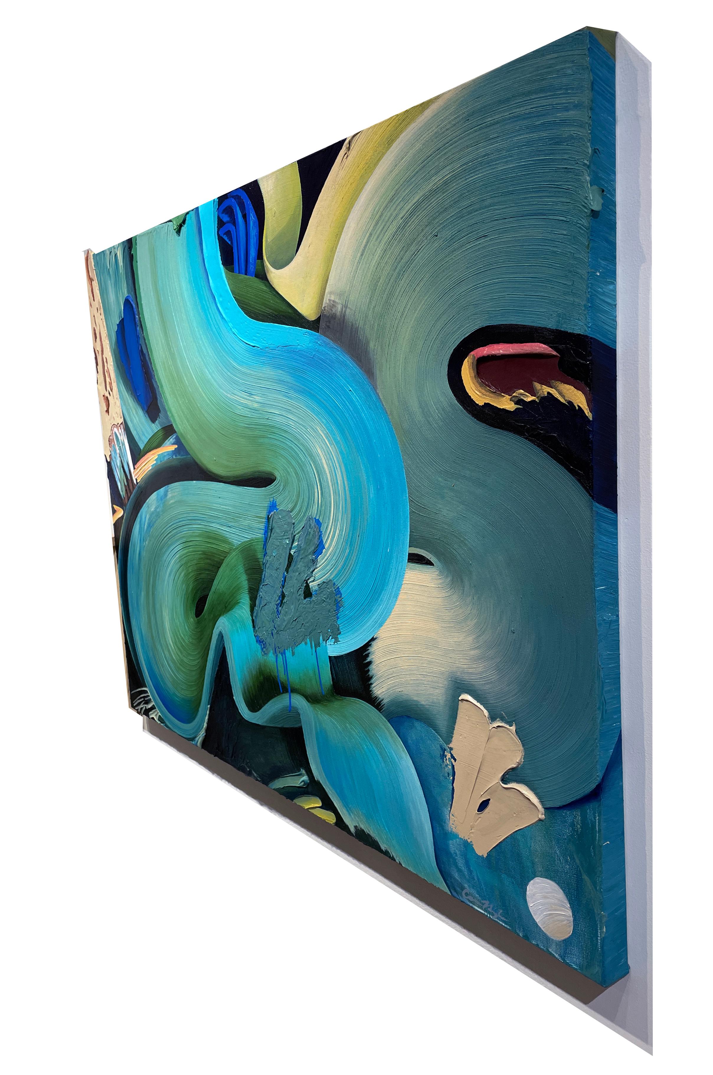 Haven, Abstrakter Expressionismus, Gemälde im Graffiti-Stil in Blau- und Grüntönen im Angebot 1