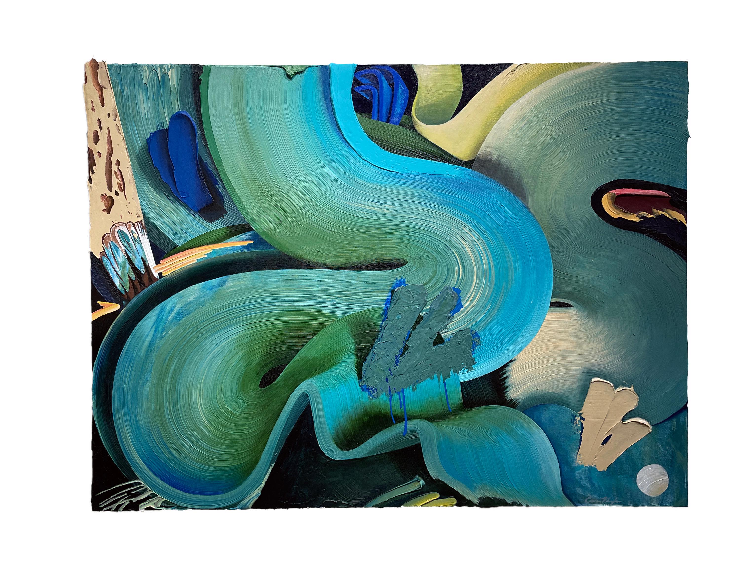 Connor Hughes Abstract Painting – Haven, Abstrakter Expressionismus, Gemälde im Graffiti-Stil in Blau- und Grüntönen