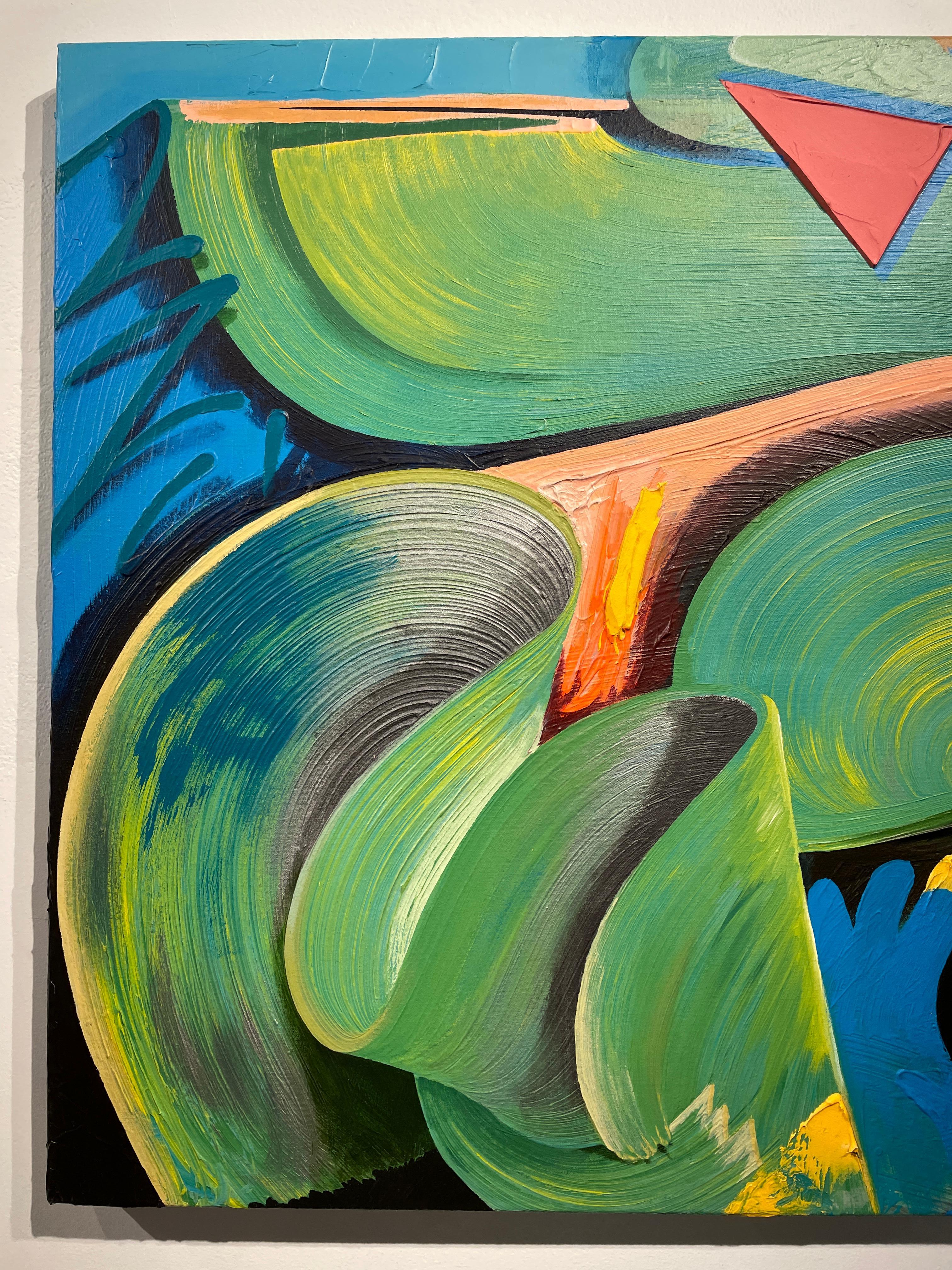  Maitri - Peinture abstraite de style graffiti bouddhiste en bleus et verts vifs - Painting de Connor Hughes