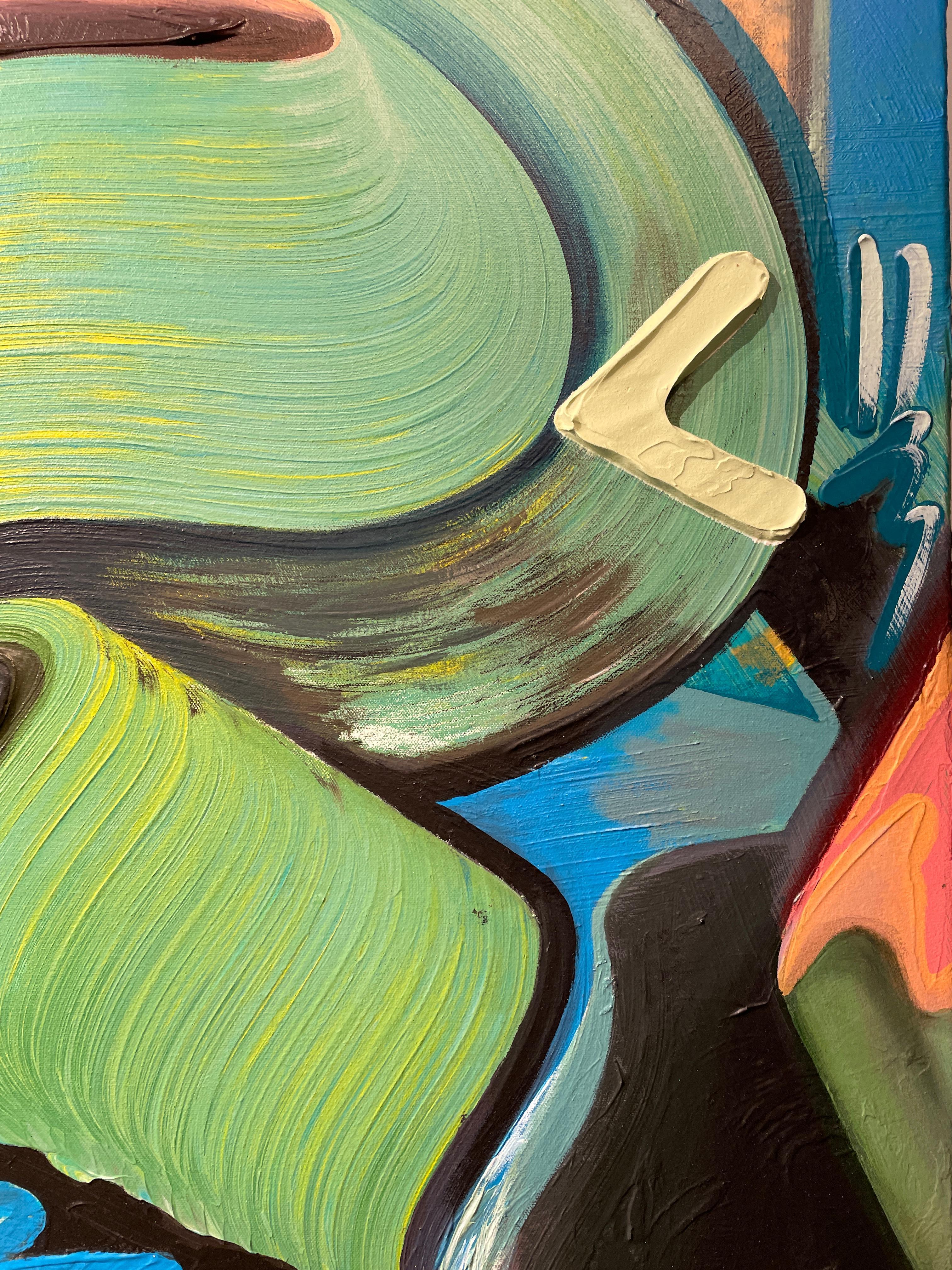  Maitri - Peinture abstraite de style graffiti bouddhiste en bleus et verts vifs - Abstrait Painting par Connor Hughes