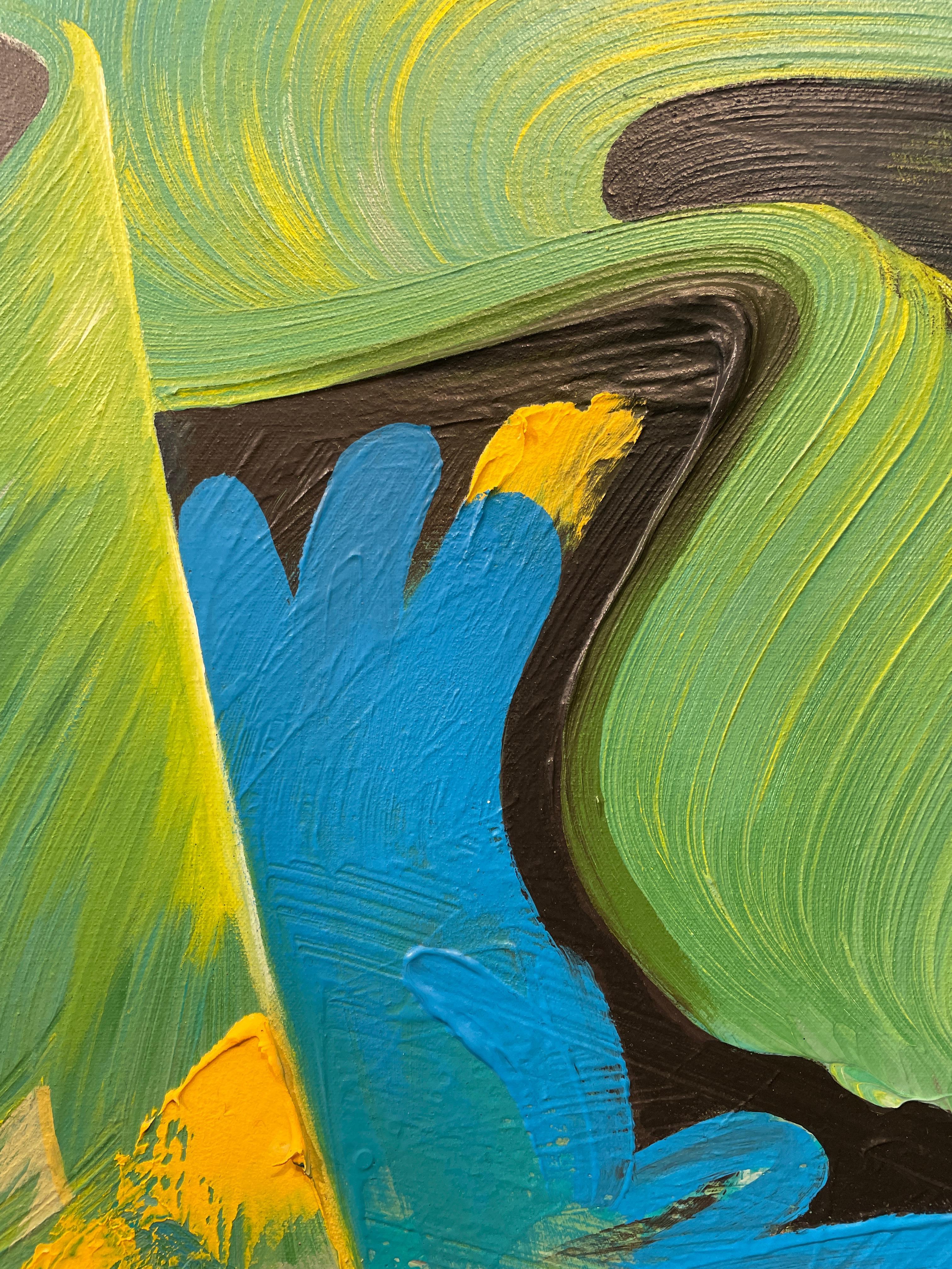  Maitri - Peinture abstraite de style graffiti bouddhiste en bleus et verts vifs - Bleu Abstract Painting par Connor Hughes