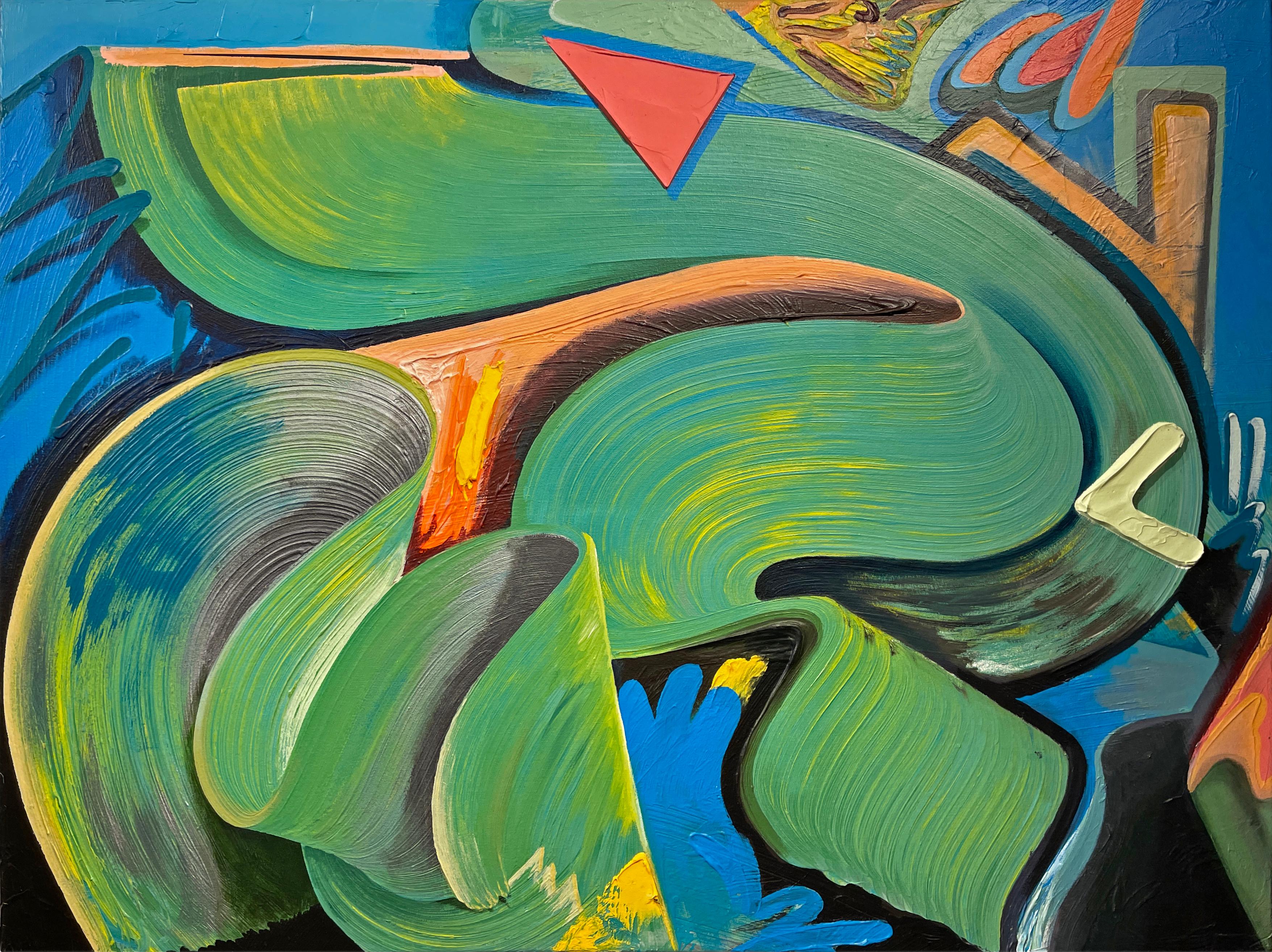 Abstract Painting Connor Hughes -  Maitri - Peinture abstraite de style graffiti bouddhiste en bleus et verts vifs