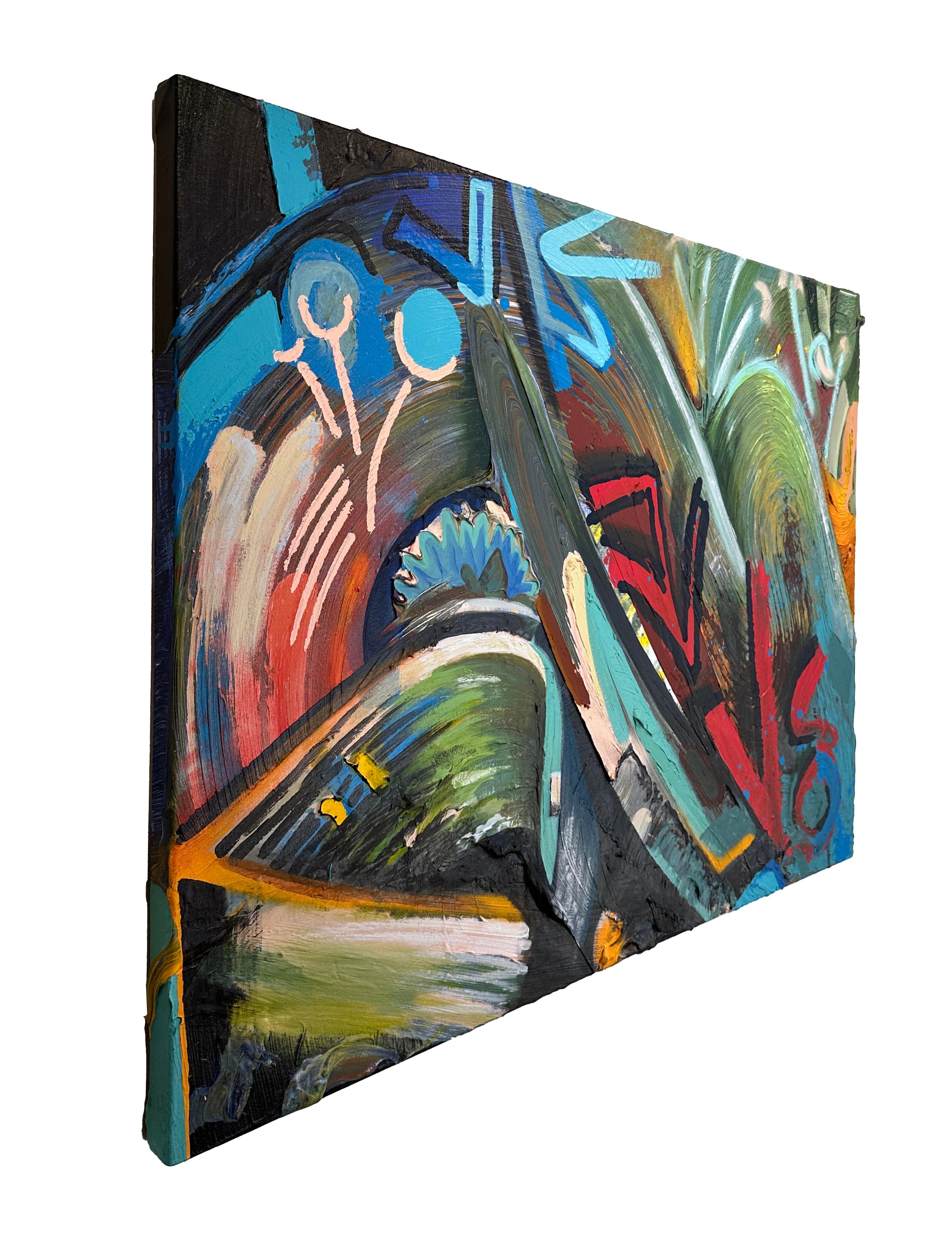 Waves - Abstract Expressionism, Graffiti Style Painting, Bright Colors - Black Abstract Painting by Connor Hughes