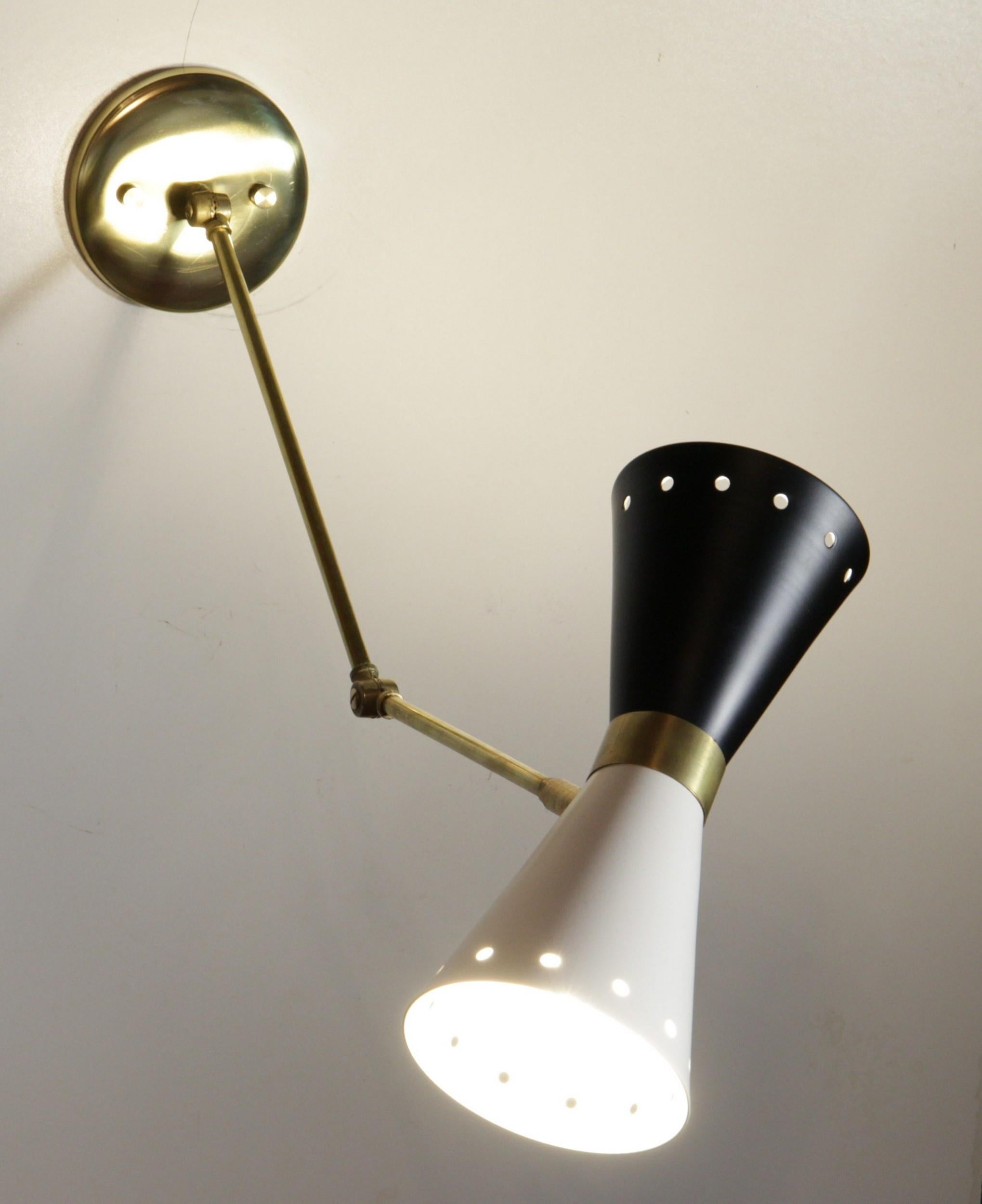 Cono Articulated Sconce Midcentury Stilnovo Style Solid Brass Black White Shade 2