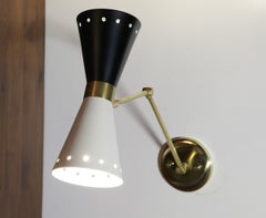 Cono Articulated Sconce Midcentury Stilnovo Style Solid Brass Black White Shade