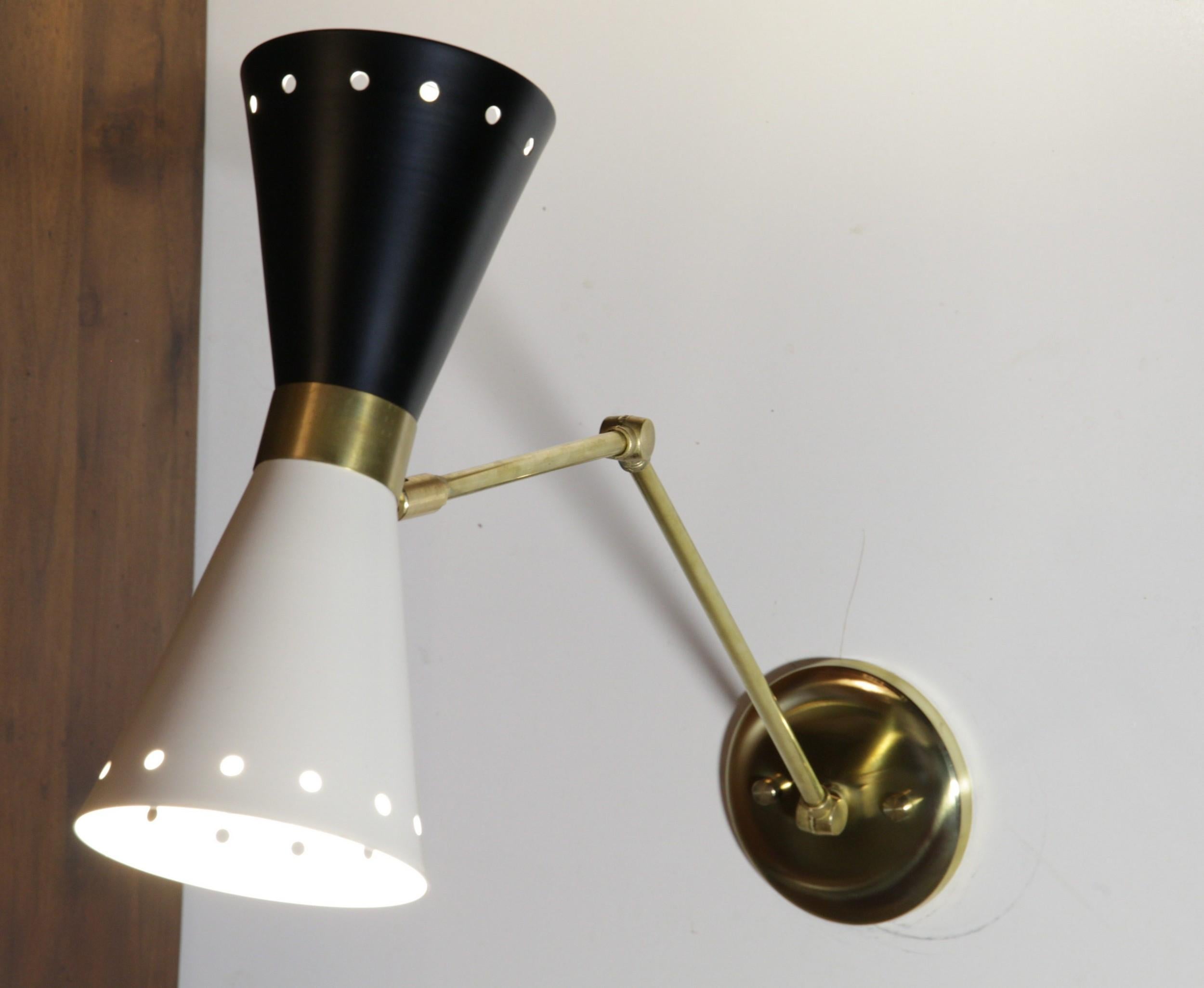 Italian Cono Articulated Sconce Midcentury Stilnovo Style Solid Brass Black White Shade