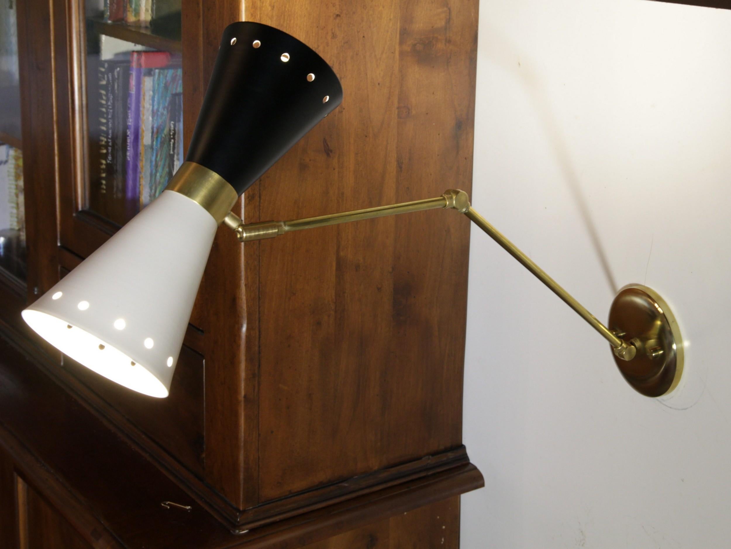 Contemporary Cono Articulated Sconce Midcentury Stilnovo Style Solid Brass Black White Shade