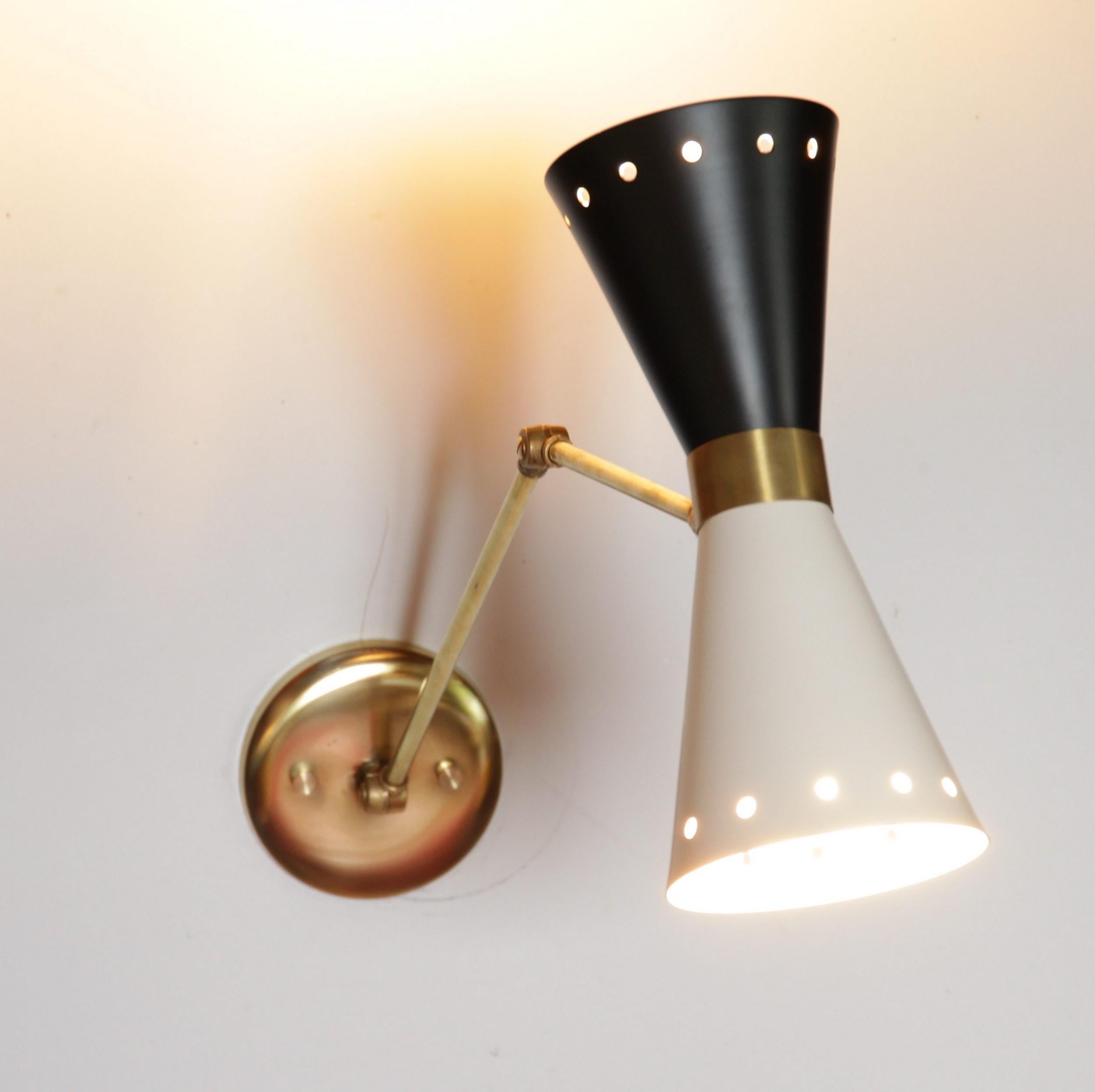 Aluminum Cono Articulated Sconce Midcentury Stilnovo Style Solid Brass Black White Shade
