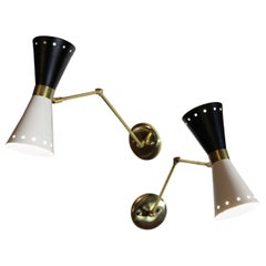 Cono Articulated Sconce Midcentury Stilnovo Style Solid Brass Black White Shade