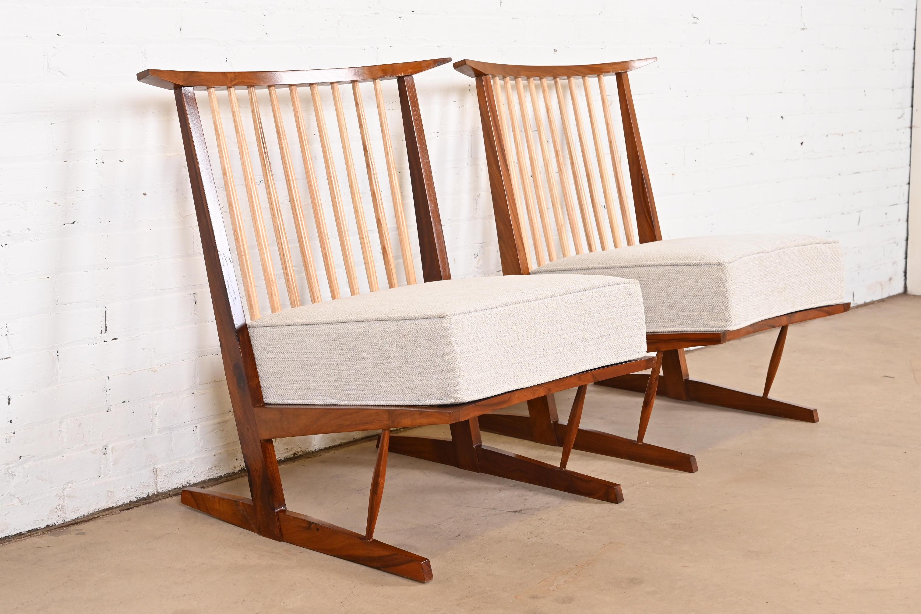 Upholstery Conoid Lounge Chairs in Sculpted Walnut After George Nakashima, Pair