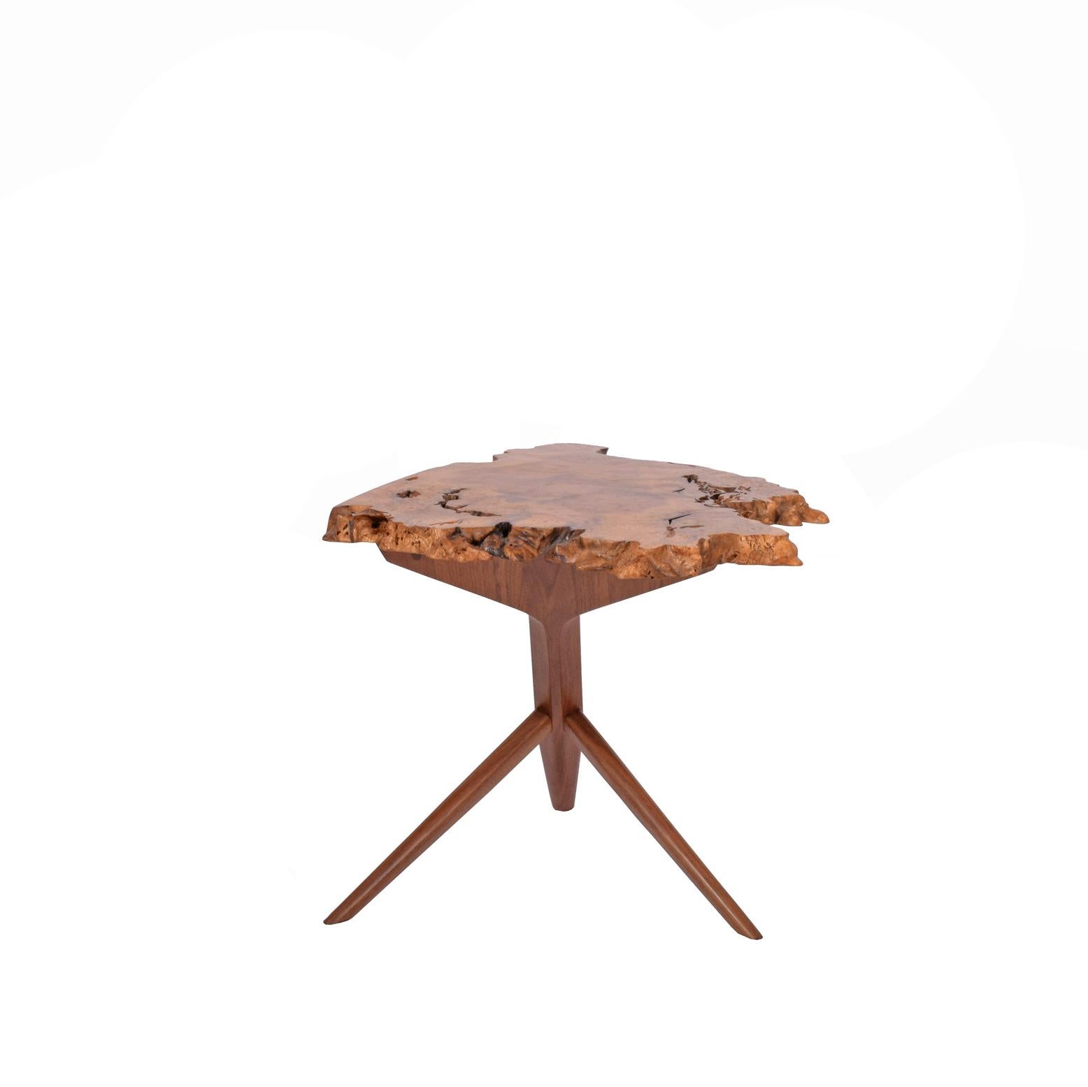 Burl Myrtle top with solid walnut Conoid X-leg base made by Mira Nakashima 2009 signed and dated from important collection of Professor Architect John Fairey copy of the drawing inc.