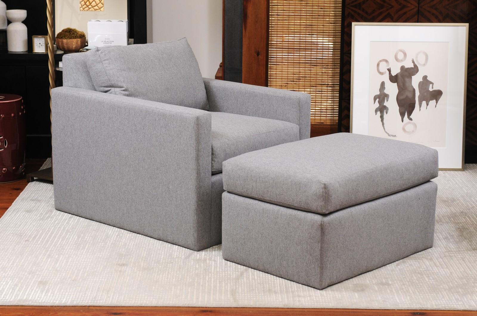 Please note this listing is for one chair and one ottoman. We do have two chairs (price to add a second chair available upon request to seller). No welt and upholstered to the floor. Fabric: James Dunlop Textiles - Prato color Dove Grey. This wool