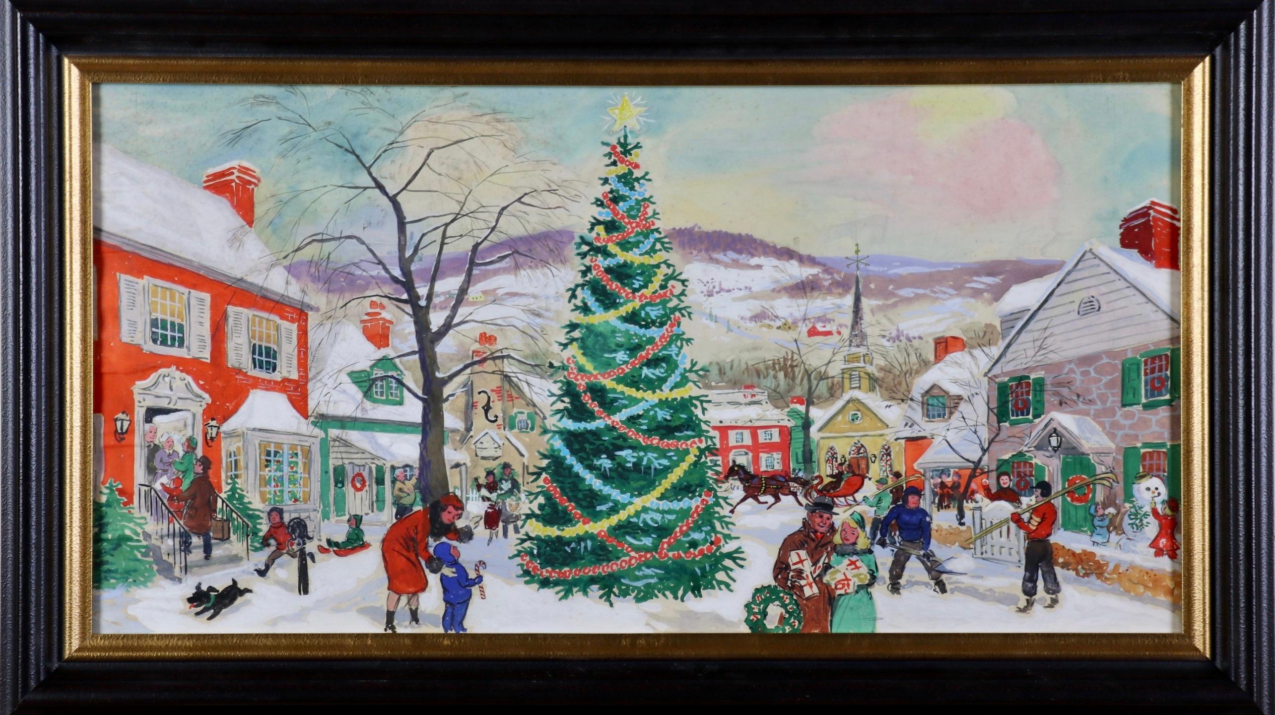 Christmas Tree in Village Square - Painting by Conrad Dickel