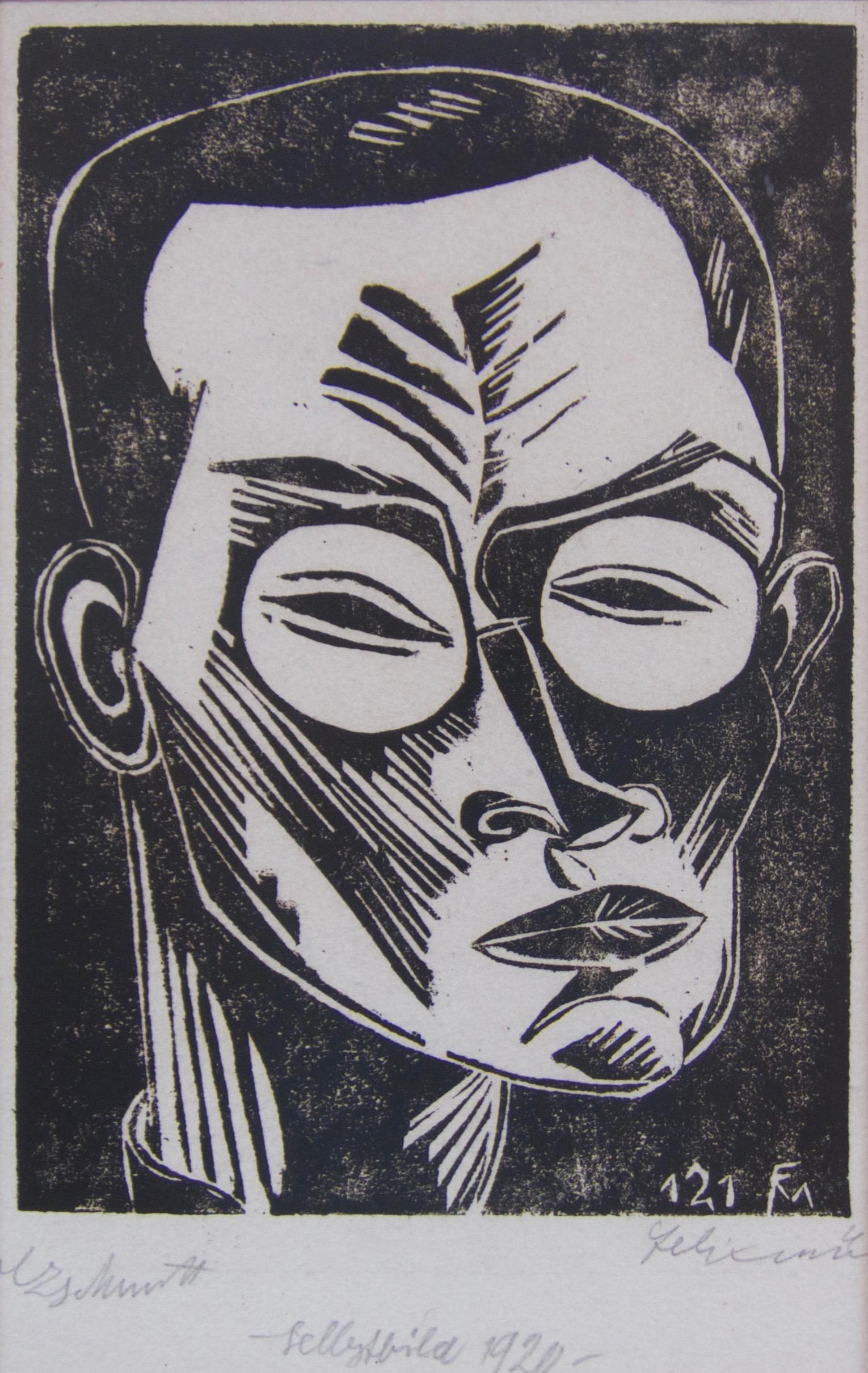 Important German Expressionist self portrait woodcut dated 1920 by Conrad Felixmuller.  This work is pencil signed and dated and comes with a catalog of the artist's work, which includes mention and illustration of the iconic self portrait print