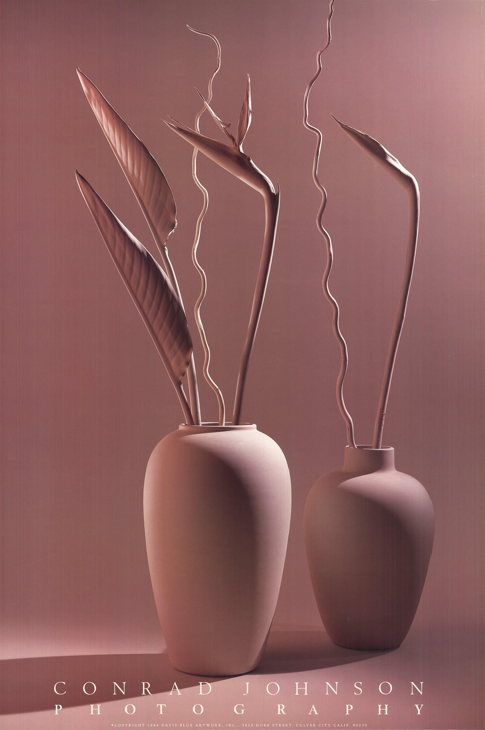 "Sculpture II" est une photographie saisissante de Conrad Johnson datant de 1984 qui incarne les sensibilités raffinées et minimalistes de la décoration d'intérieur du milieu des années 1980. L'image représente deux vases ornés de délicates