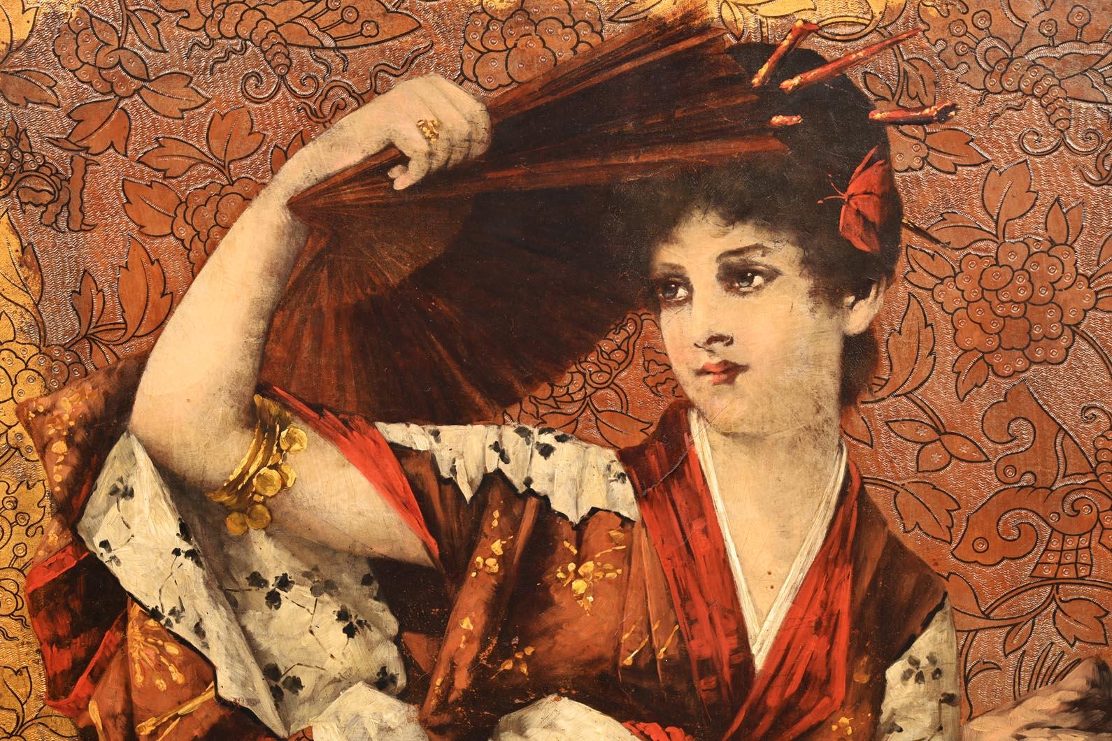 Questo ritratto di una donna europea vestita in abiti giapponesi all'interno di un'ambientazione ispirata al Giappone è stato probabilmente creato dopo un'opera del pittore tedesco Conrad Kiesel, che condivide le stesse caratteristiche. Diverse