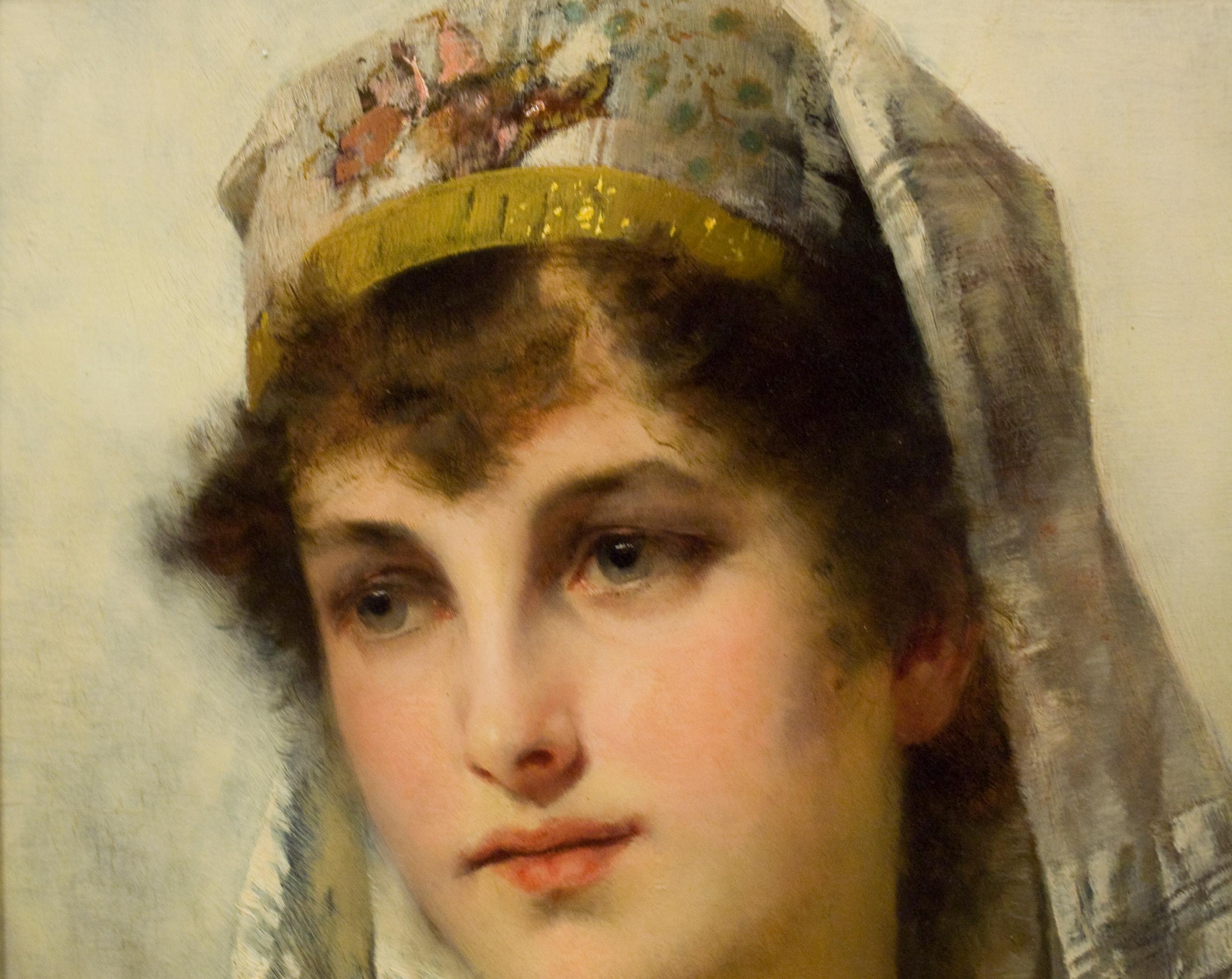 19th century portrait of a Young beauty in a Headdress - Painting by Conrad Kiesel