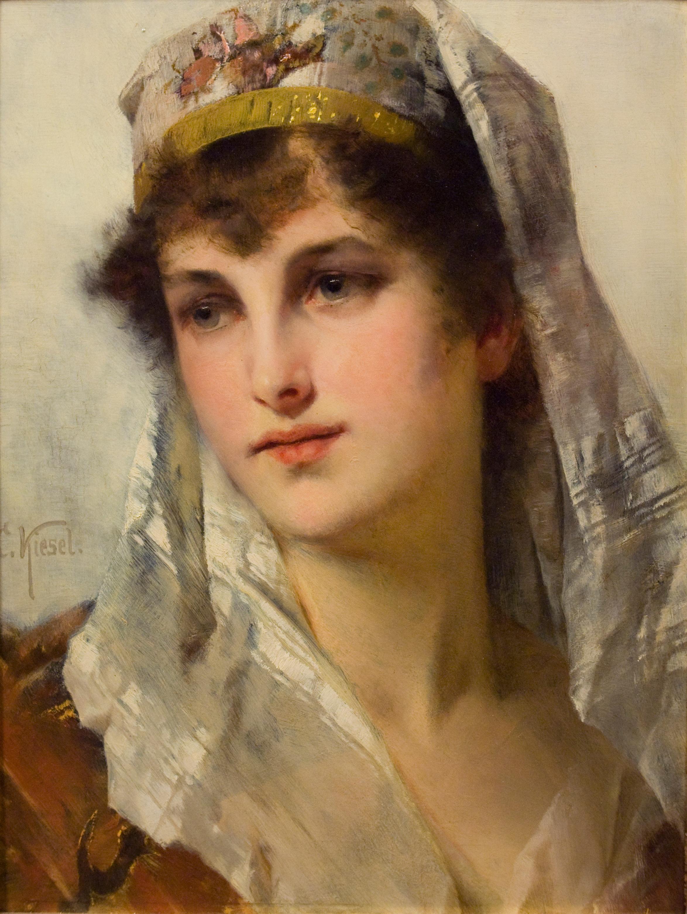 Conrad Kiesel Portrait Painting - 19th century portrait of a Young beauty in a Headdress